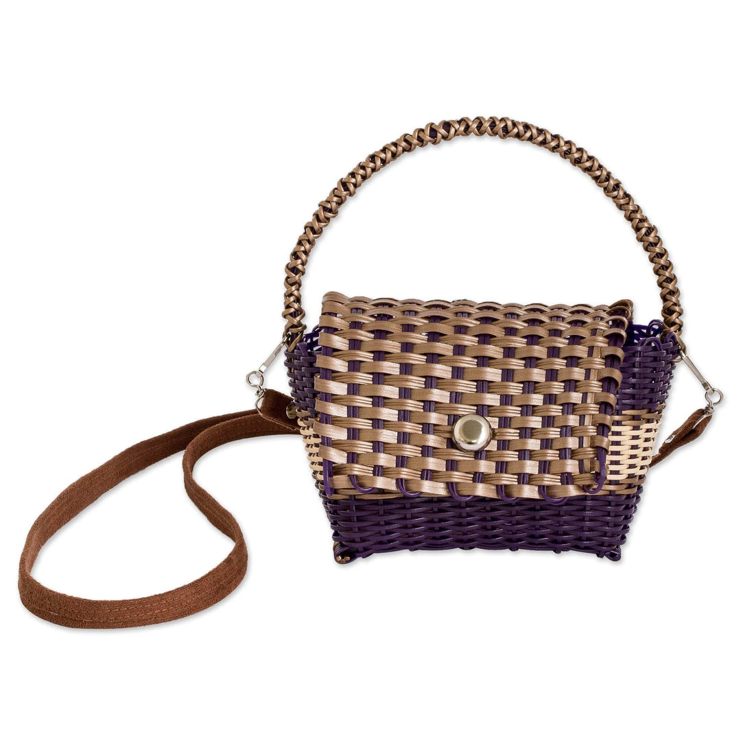 Purple Beige Handwoven Recycled Vinyl Cord Sling Handle Bag - Golden Elegance