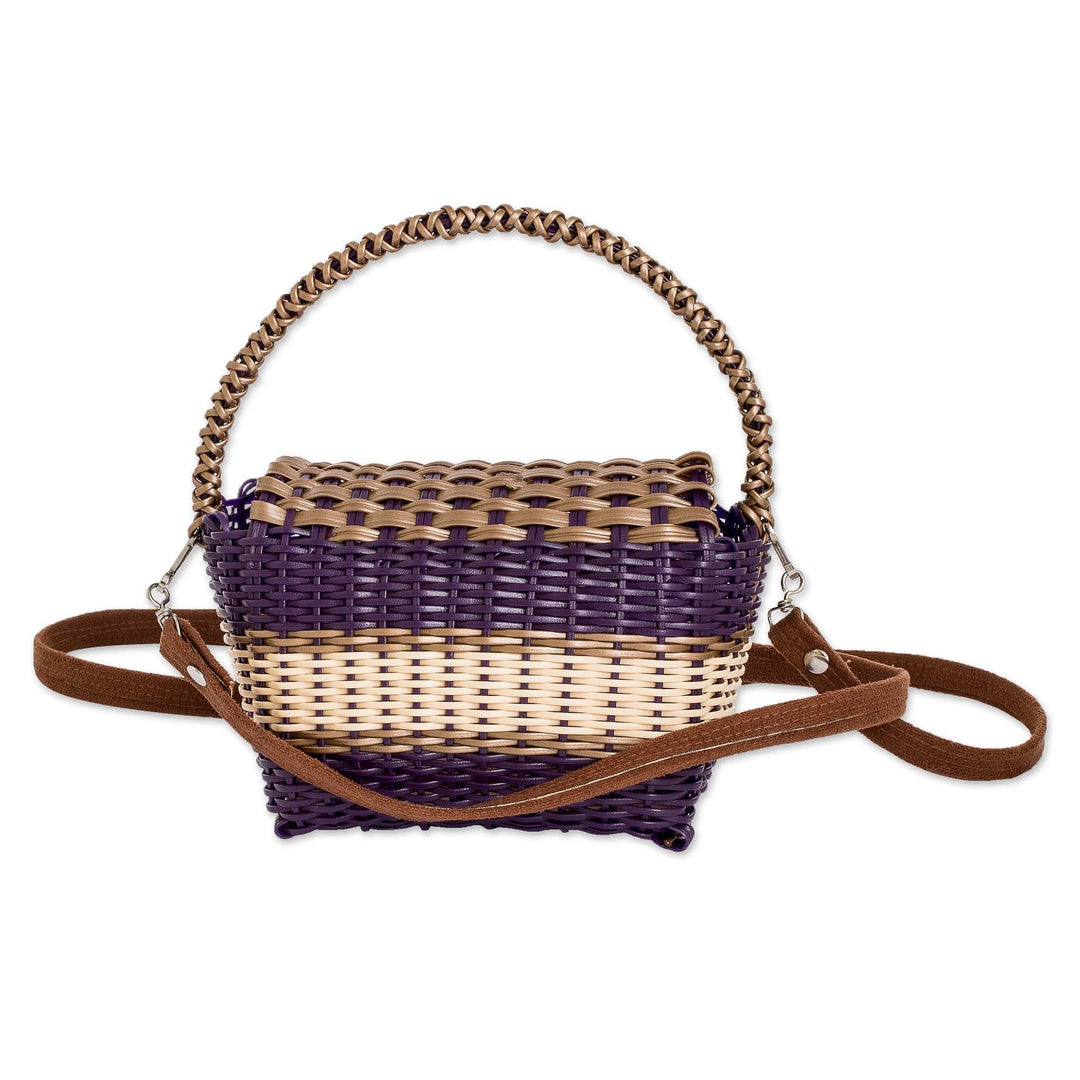Purple Beige Handwoven Recycled Vinyl Cord Sling Handle Bag - Golden Elegance