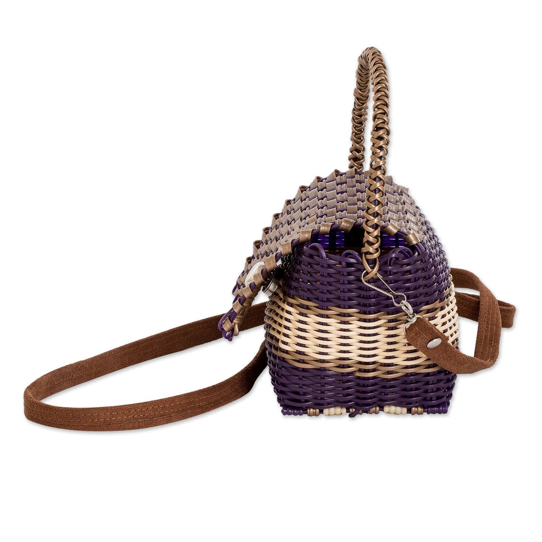 Purple Beige Handwoven Recycled Vinyl Cord Sling Handle Bag - Golden Elegance