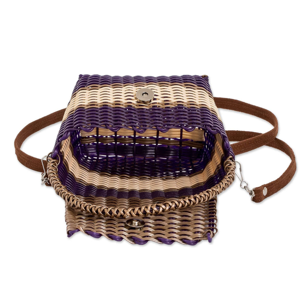 Purple Beige Handwoven Recycled Vinyl Cord Sling Handle Bag - Golden Elegance