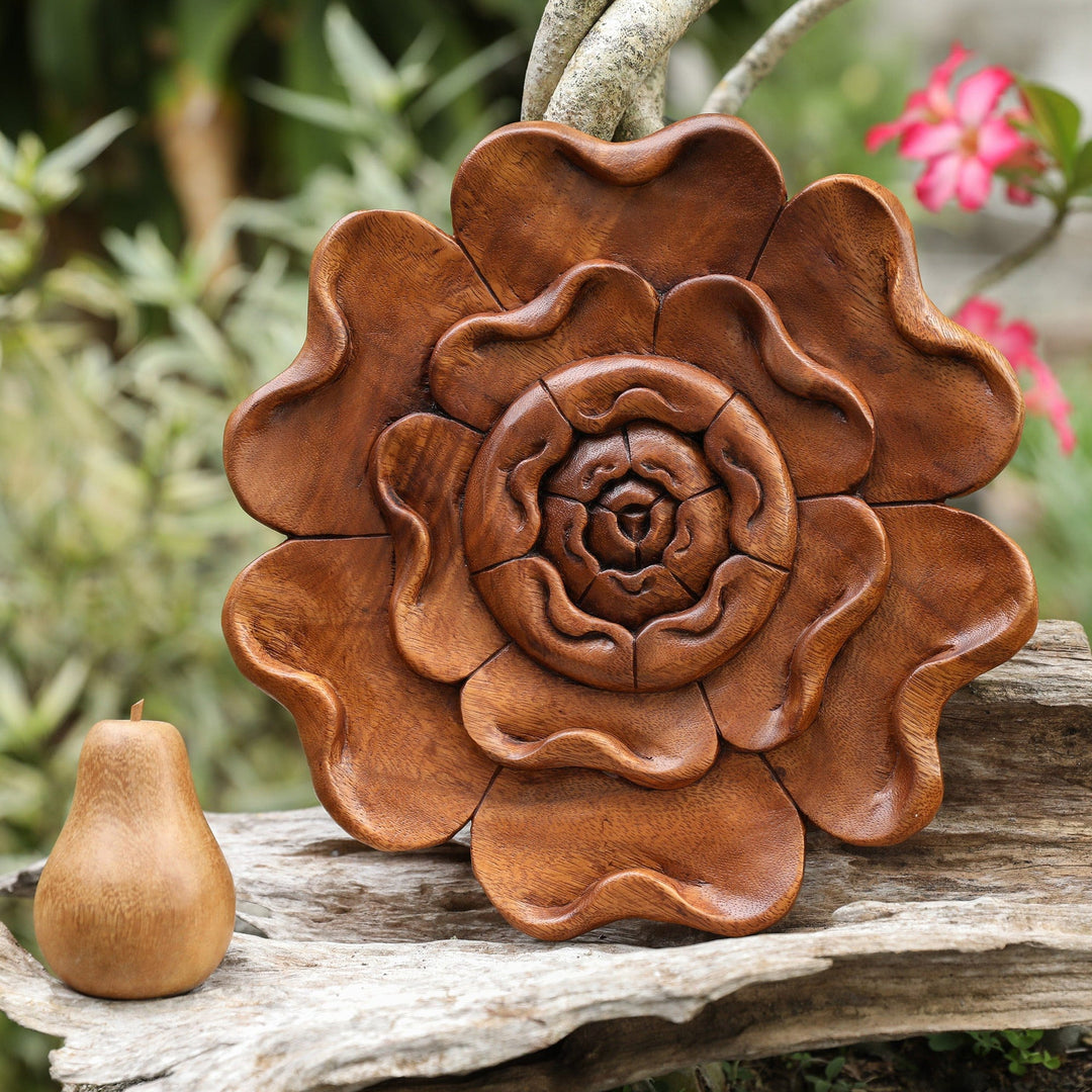 Balinese Hand-Carved Wood Wall Rafflesia Flower Relief Panel - Rafflesia Radiance