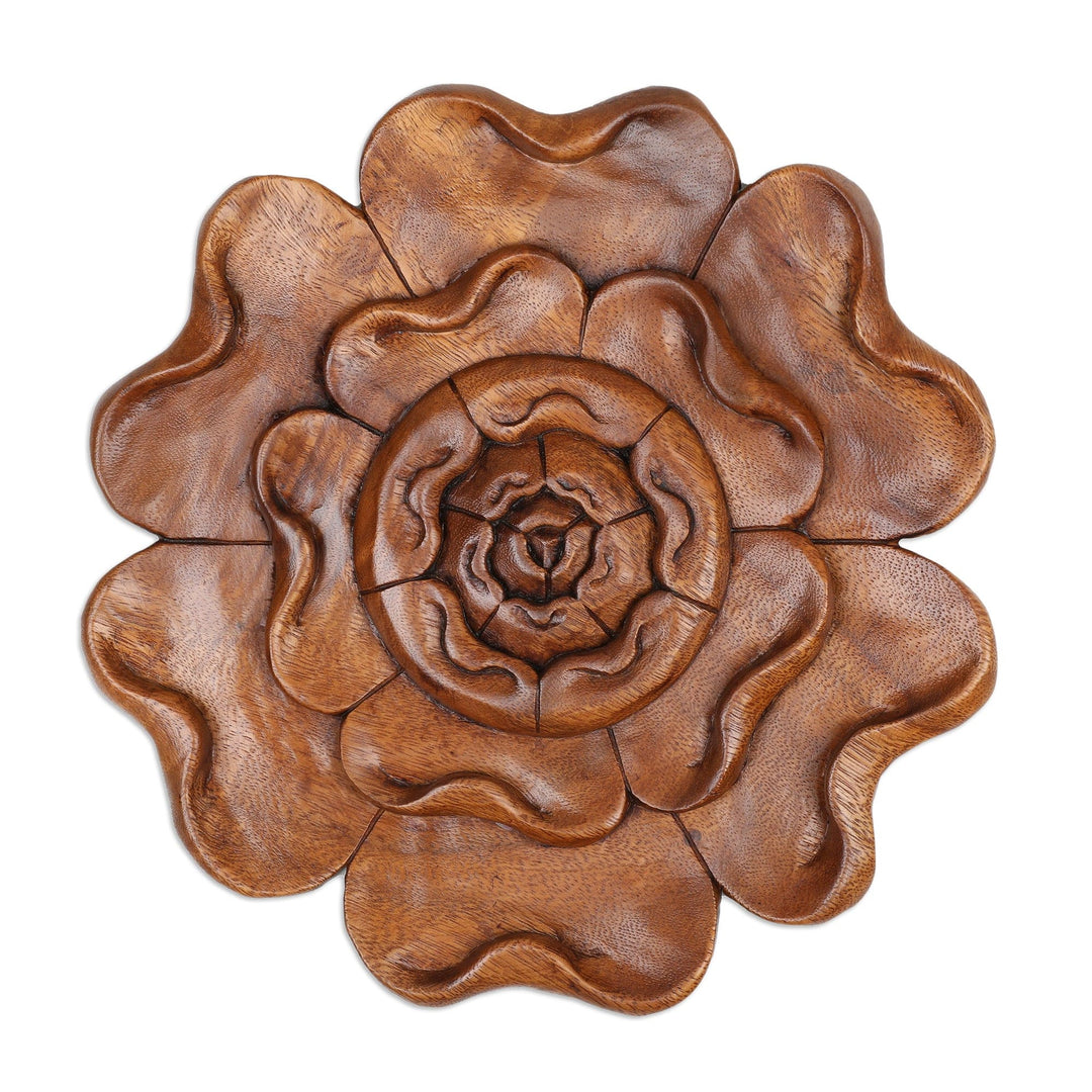 Balinese Hand-Carved Wood Wall Rafflesia Flower Relief Panel - Rafflesia Radiance