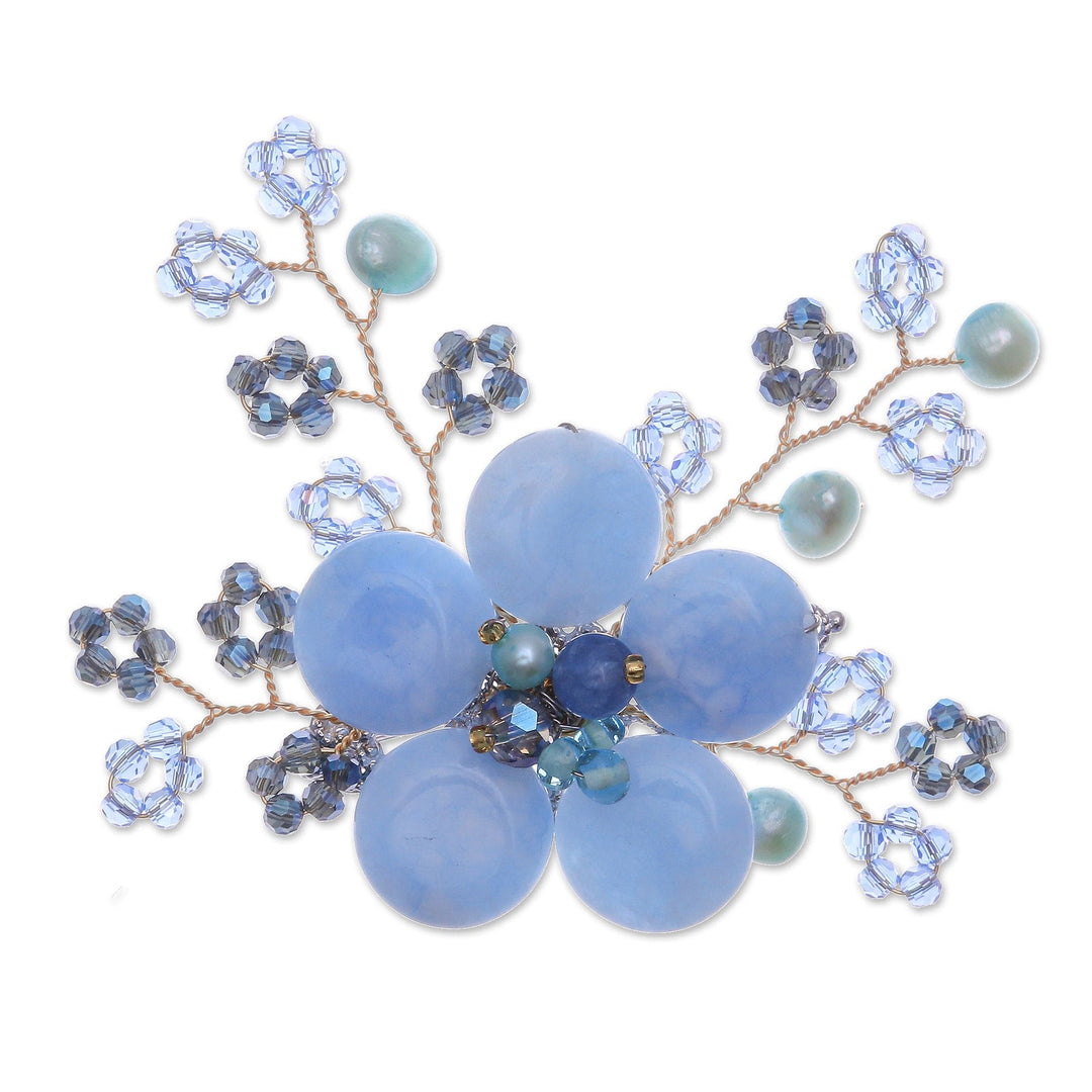 Flower-Shaped Blue Cultured Pearl and Quartz Brooch Pin - Petals of Wisdom