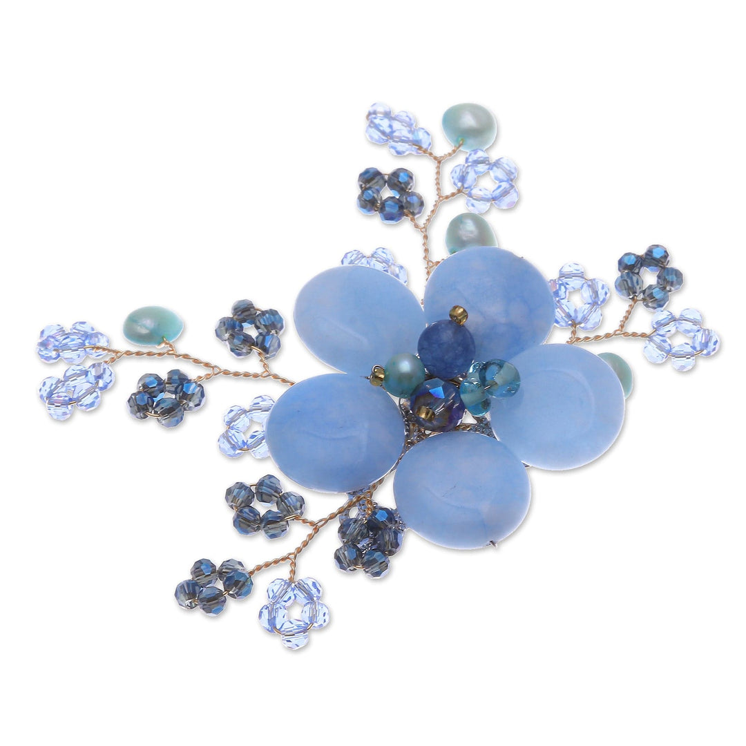 Flower-Shaped Blue Cultured Pearl and Quartz Brooch Pin - Petals of Wisdom