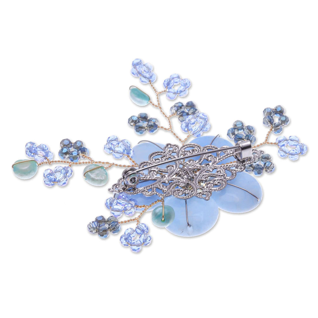 Flower-Shaped Blue Cultured Pearl and Quartz Brooch Pin - Petals of Wisdom
