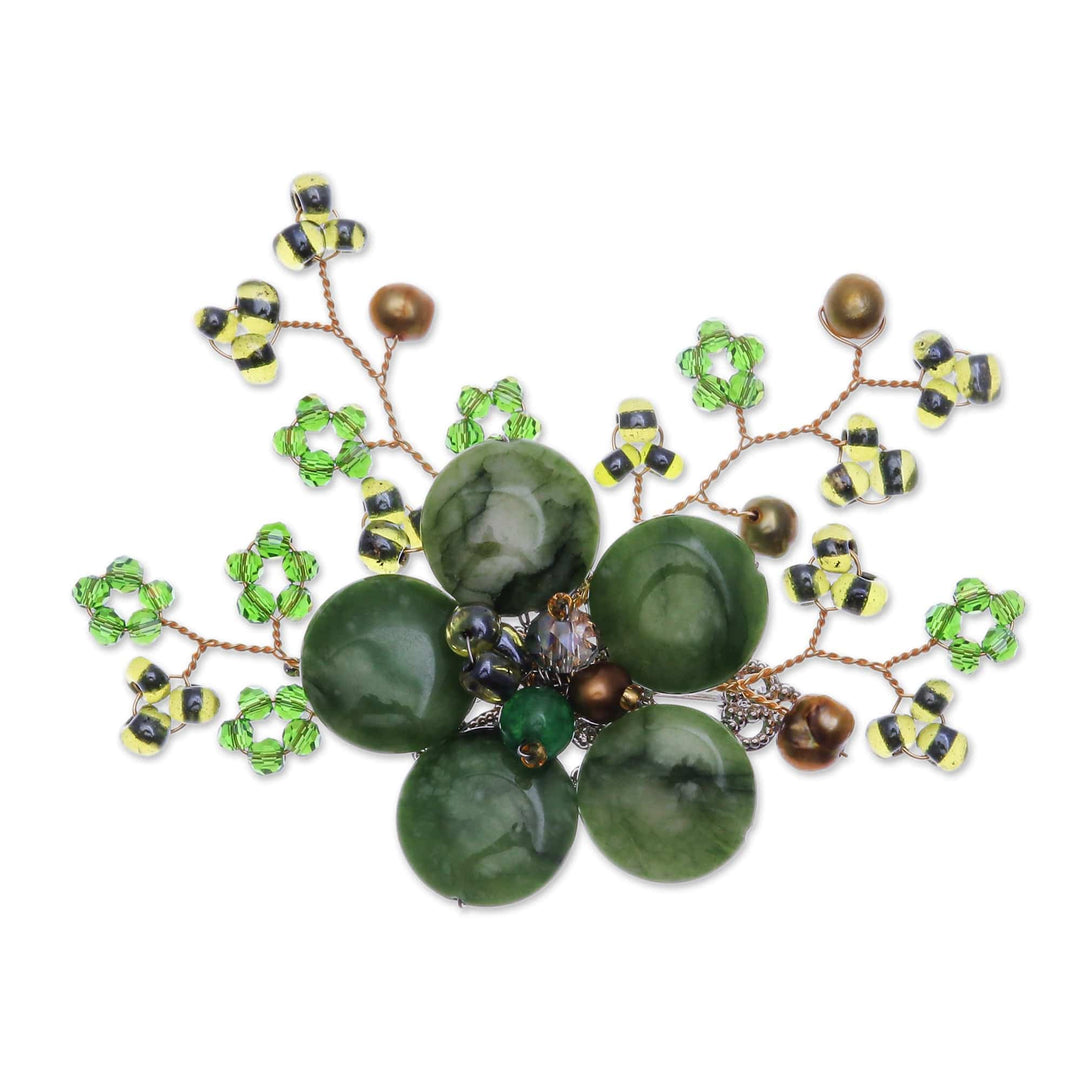 Flower-Shaped Green Cultured Pearl and Quartz Brooch Pin - Petals of Harmony