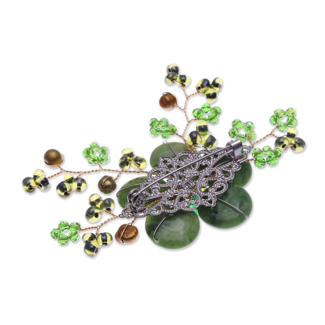 Flower-Shaped Green Cultured Pearl and Quartz Brooch Pin - Petals of Harmony