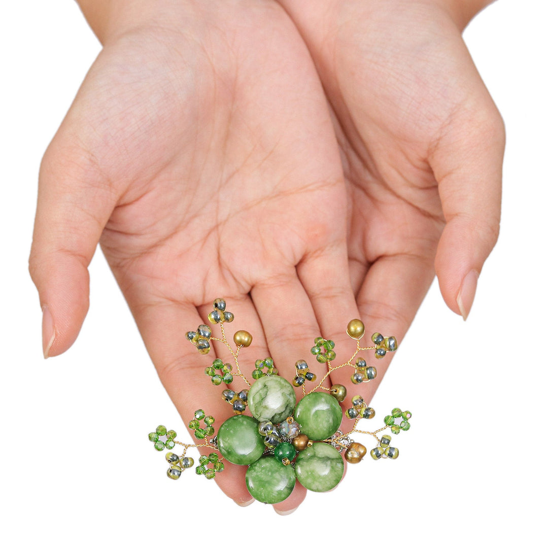Flower-Shaped Green Cultured Pearl and Quartz Brooch Pin - Petals of Harmony