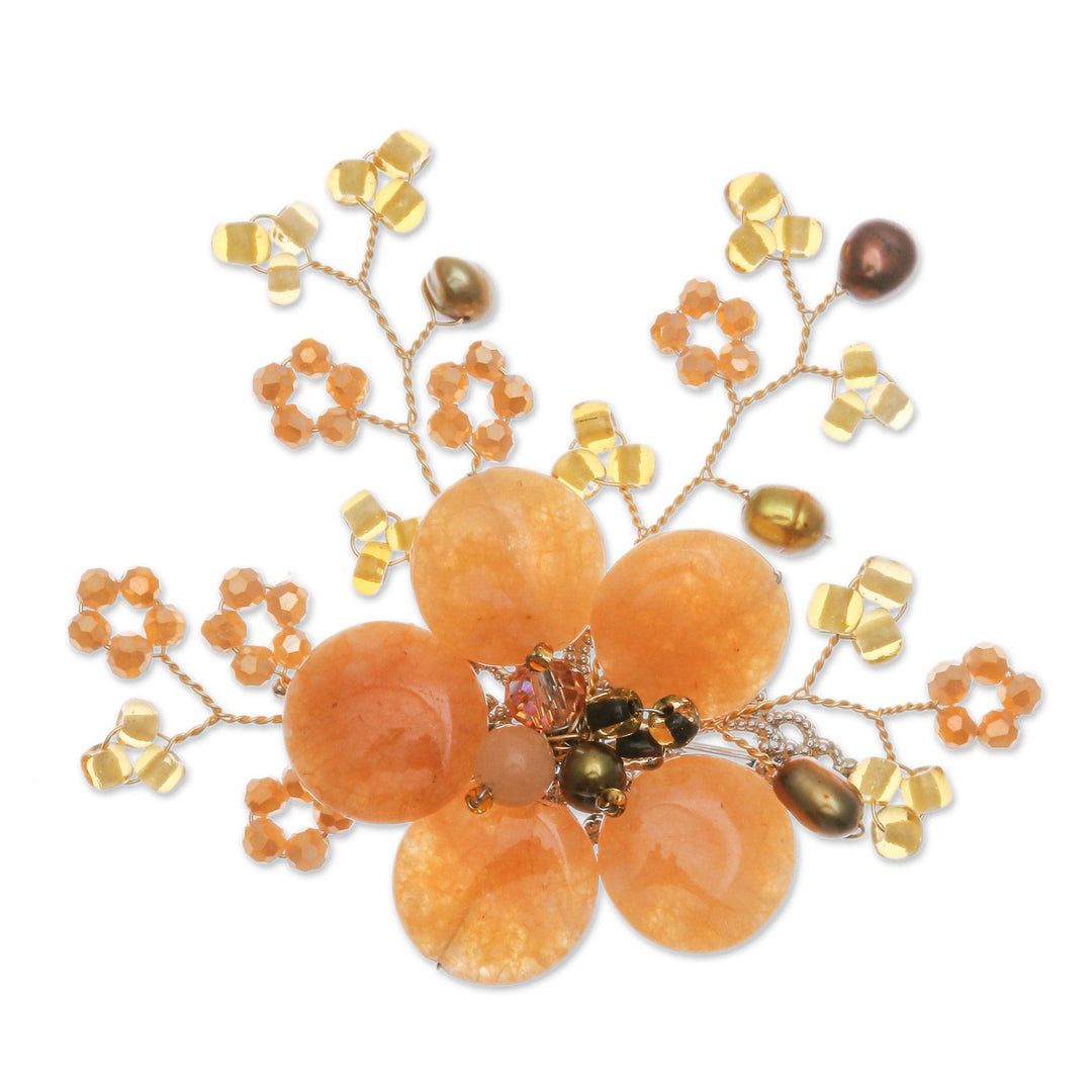 Flower-Shaped Orange Cultured Pearl and Quartz Brooch Pin - Petals of Optimism