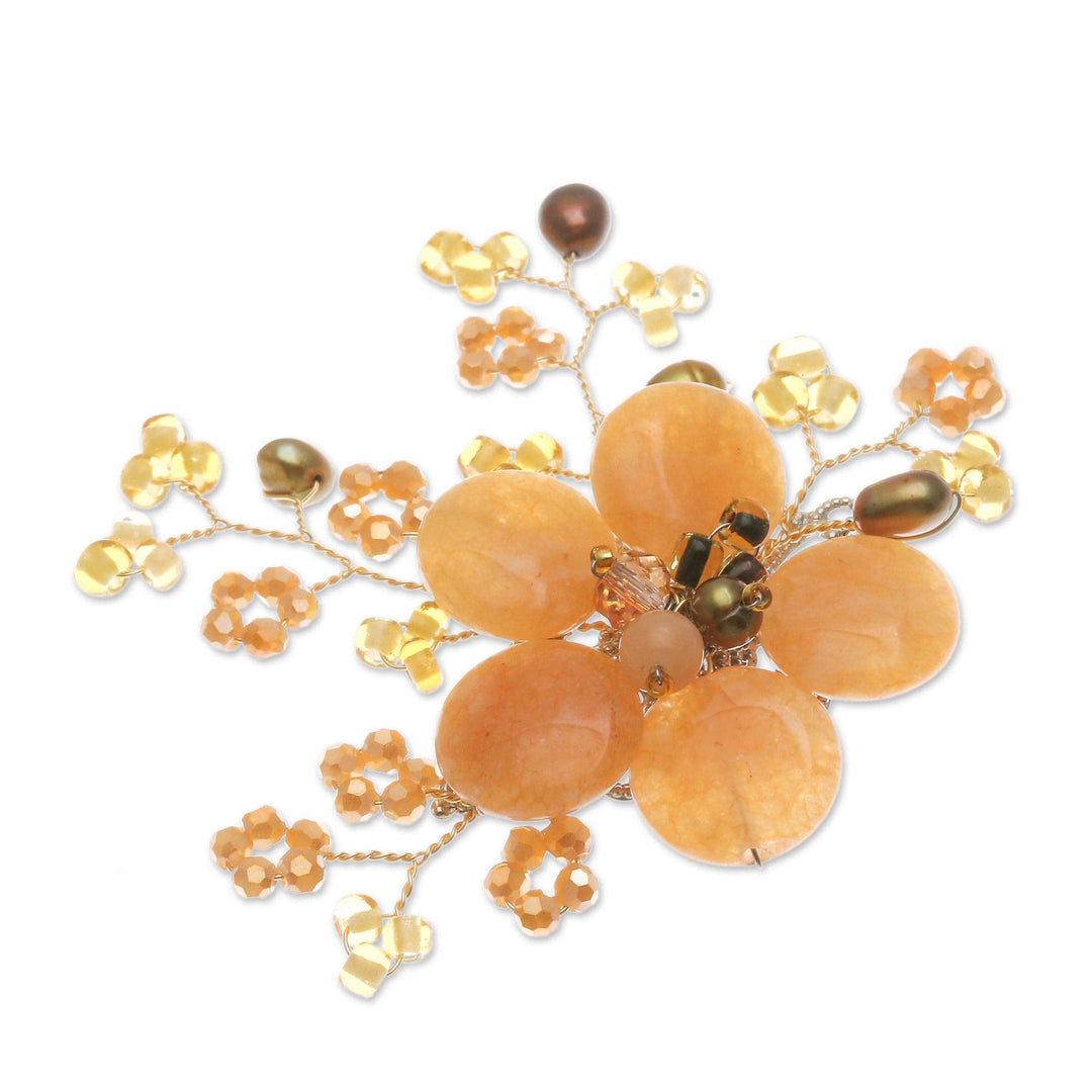 Flower-Shaped Orange Cultured Pearl and Quartz Brooch Pin - Petals of Optimism