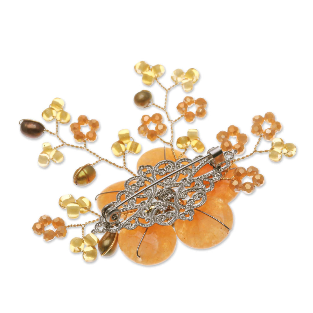 Flower-Shaped Orange Cultured Pearl and Quartz Brooch Pin - Petals of Optimism