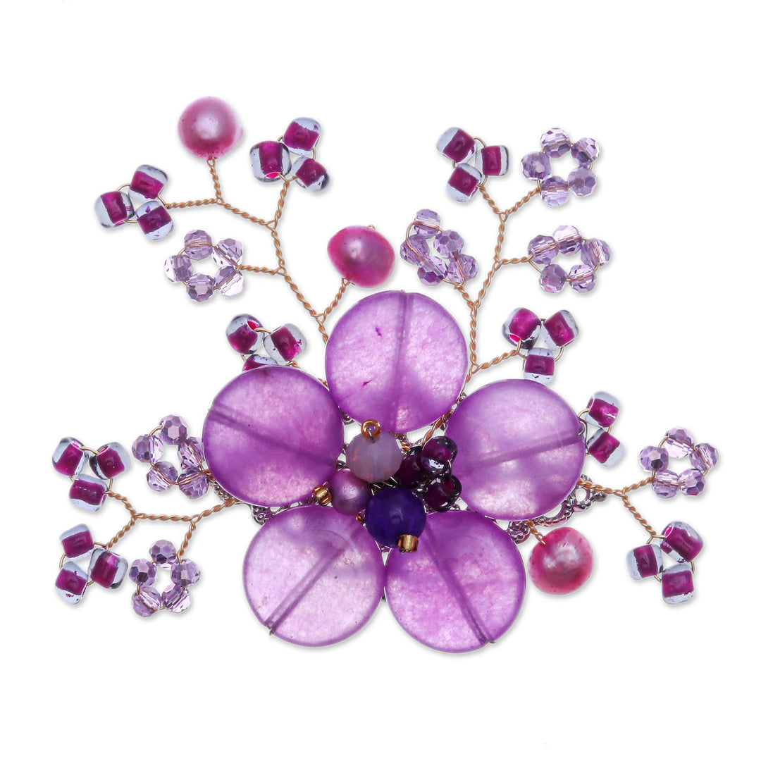 Flower-Shaped Purple Cultured Pearl and Quartz Brooch Pin - Petals of Magic