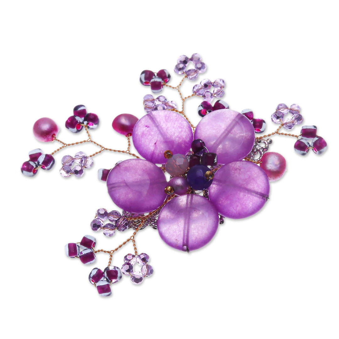 Flower-Shaped Purple Cultured Pearl and Quartz Brooch Pin - Petals of Magic