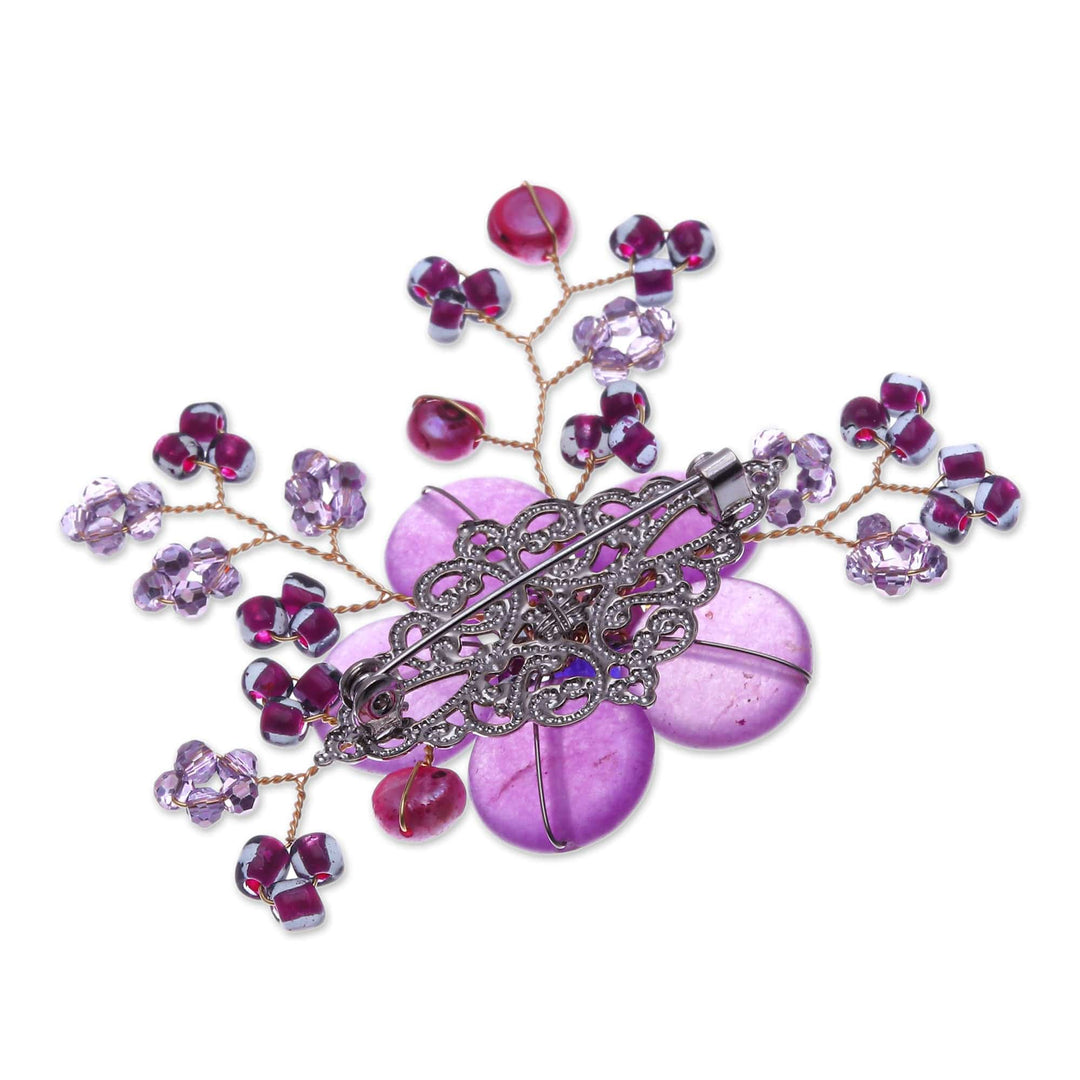 Flower-Shaped Purple Cultured Pearl and Quartz Brooch Pin - Petals of Magic