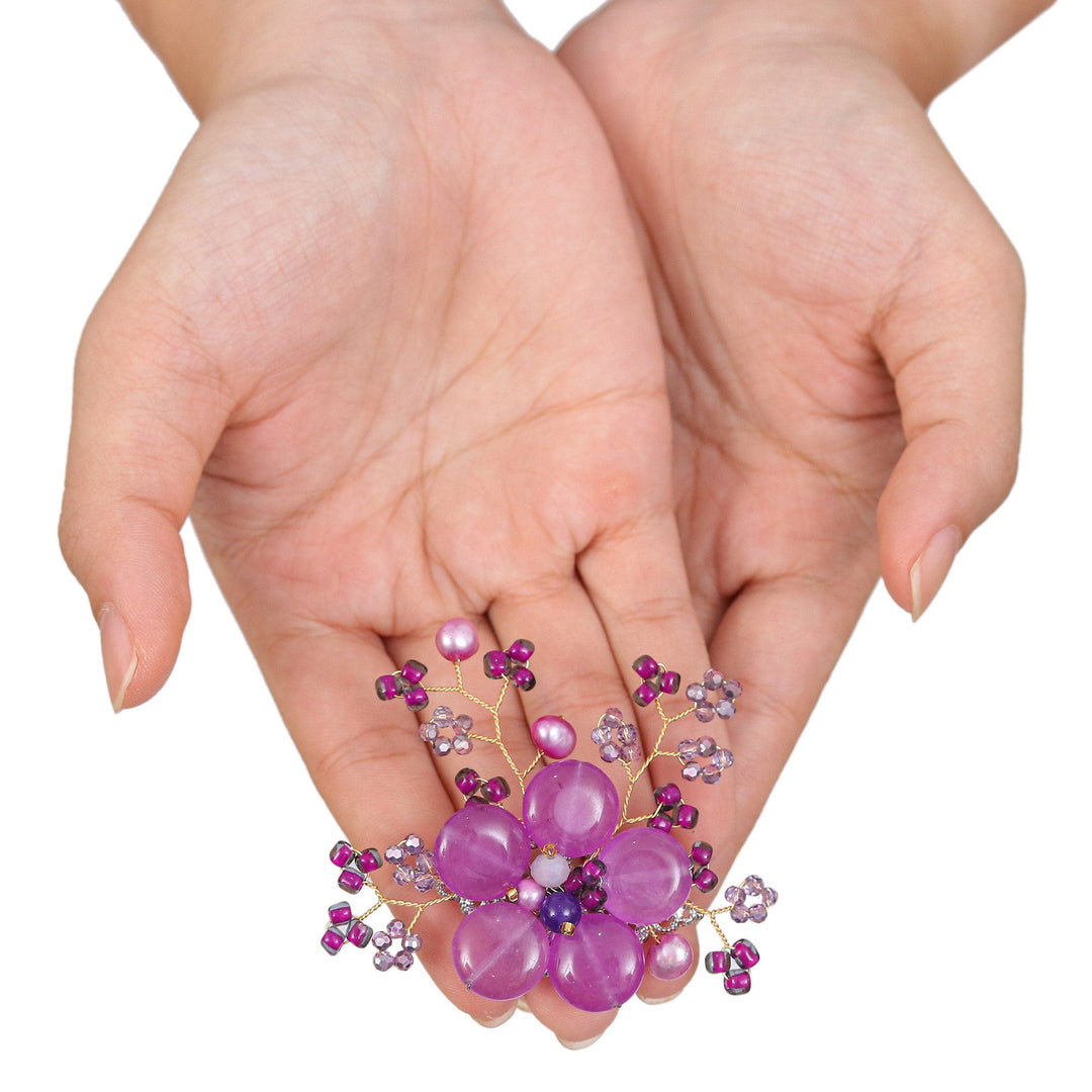 Flower-Shaped Purple Cultured Pearl and Quartz Brooch Pin - Petals of Magic