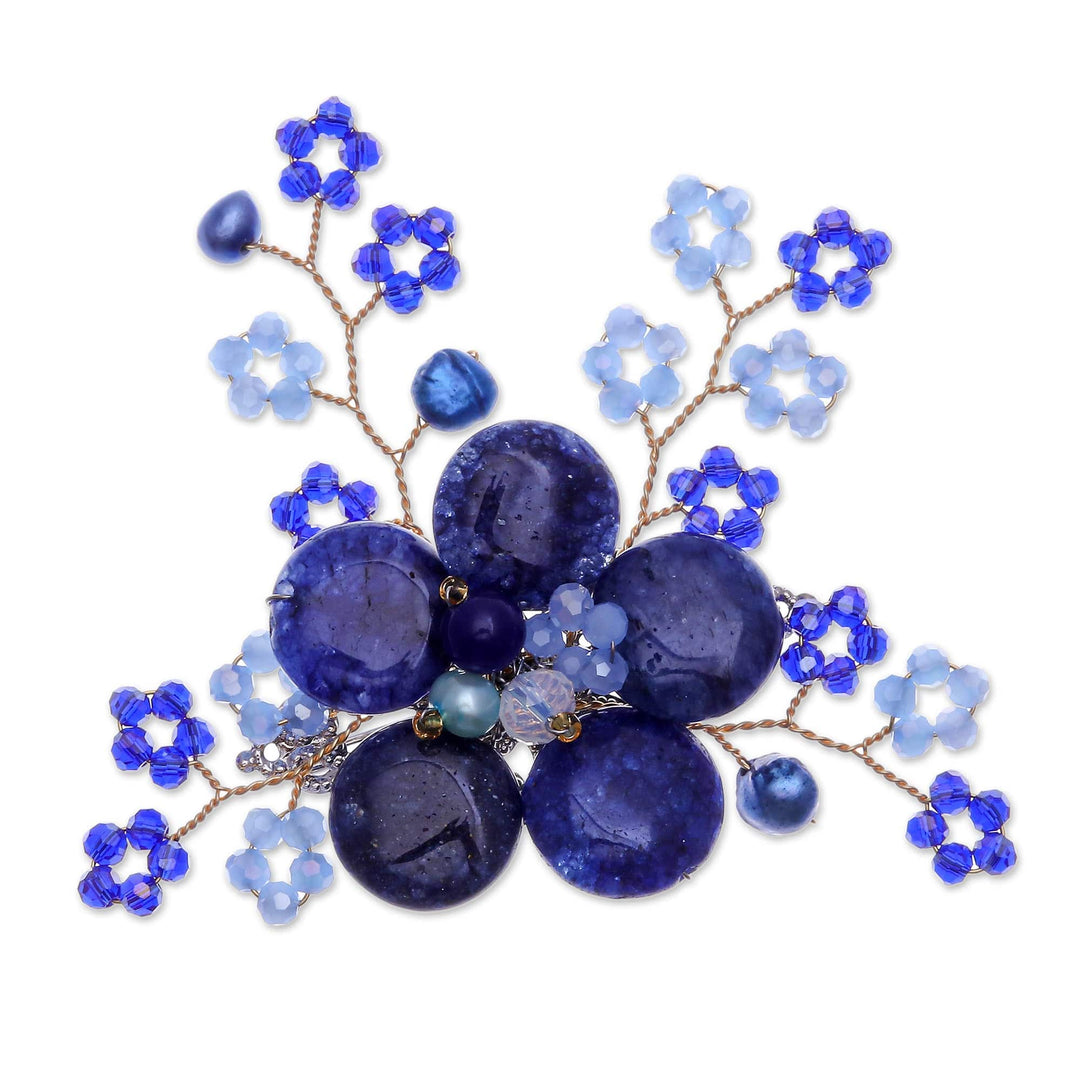 Flower-Shaped Dark Blue Cultured Pearl and Quartz Brooch Pin - Petals of Imagination