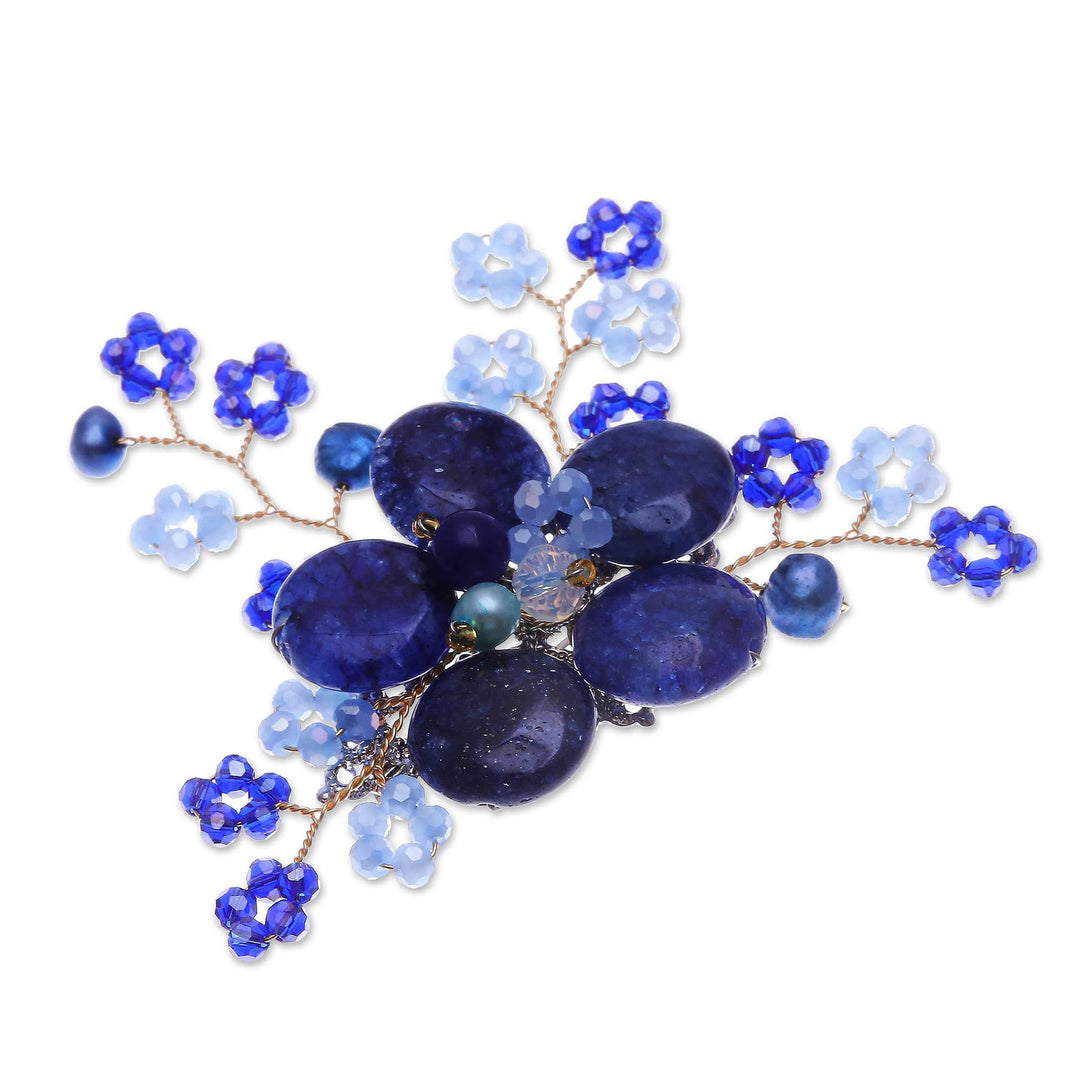 Flower-Shaped Dark Blue Cultured Pearl and Quartz Brooch Pin - Petals of Imagination
