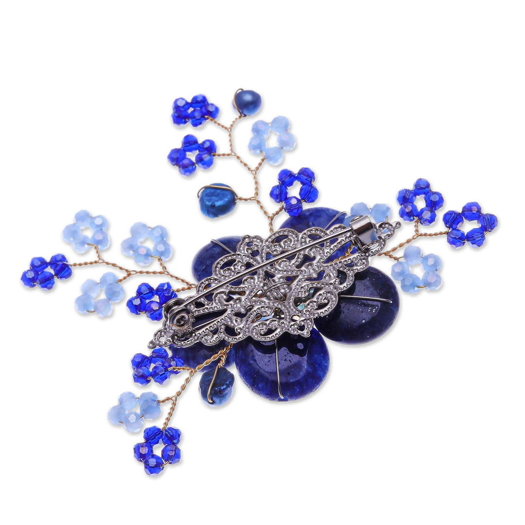 Flower-Shaped Dark Blue Cultured Pearl and Quartz Brooch Pin - Petals of Imagination