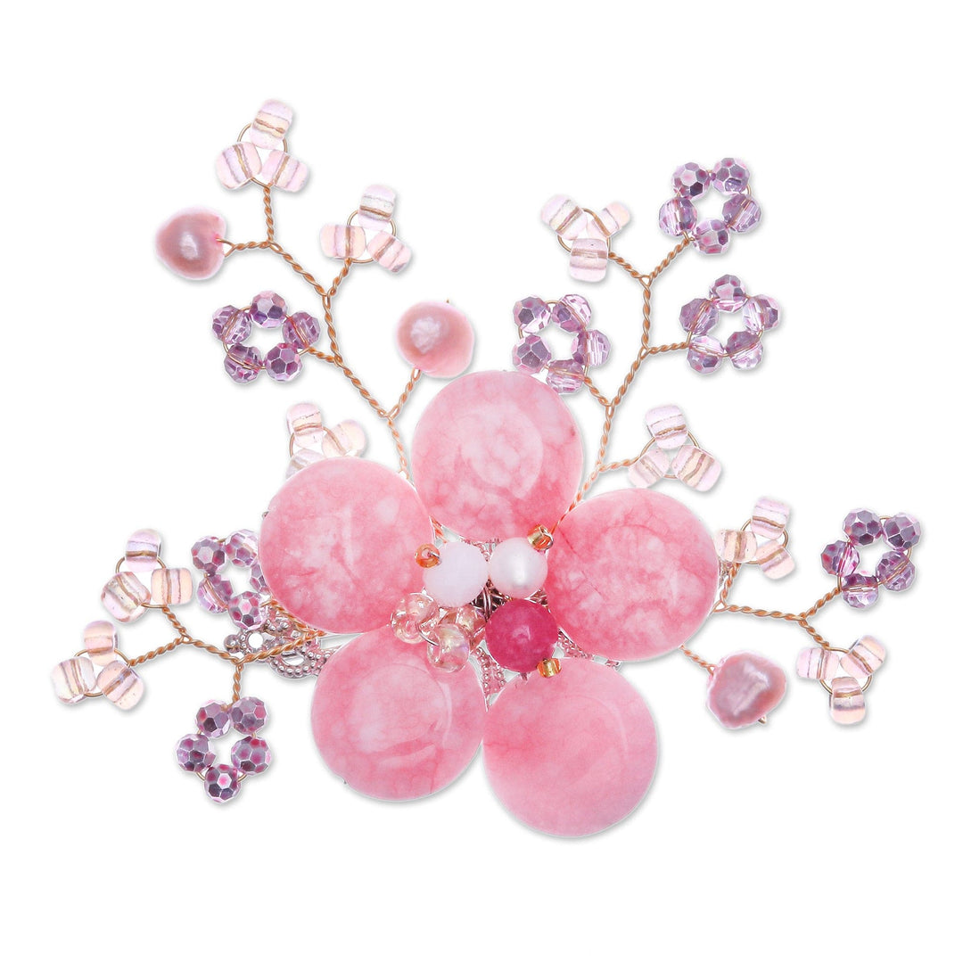Flower-Shaped Pink Cultured Pearl and Quartz Brooch Pin - Petals of Compassion