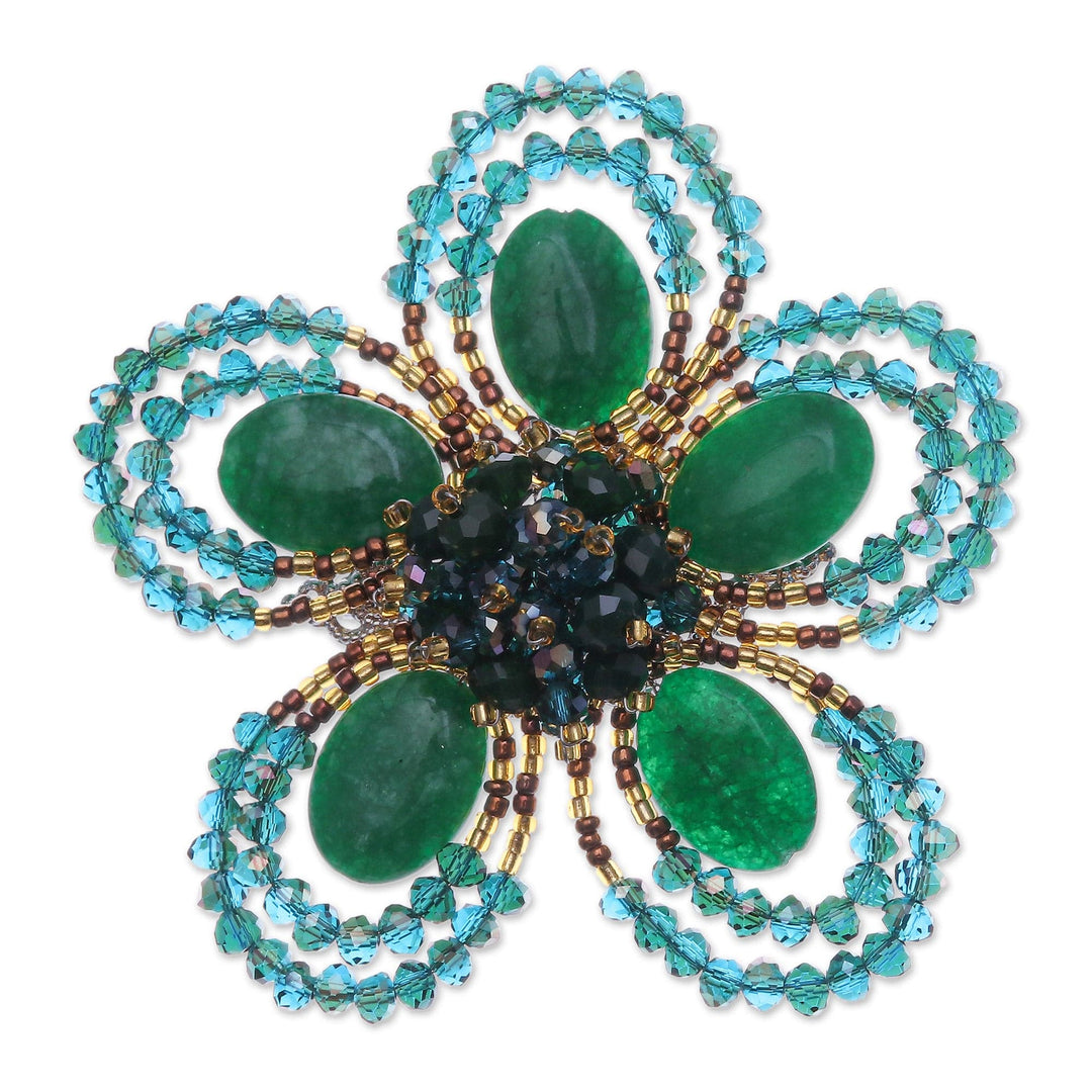 Handcrafted Floral Green Quartz and Glass Beaded Brooch Pin - Spring in Harmony
