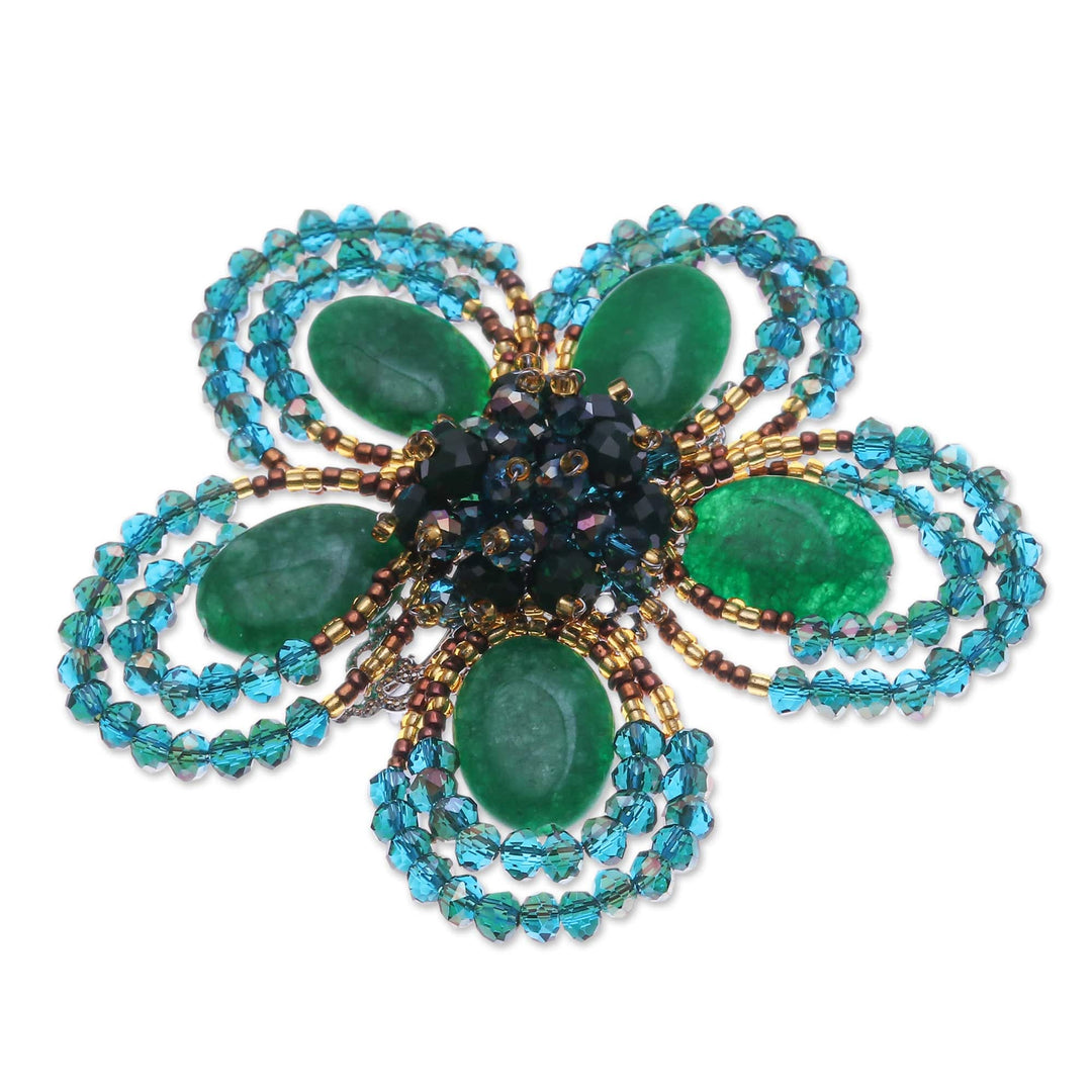 Handcrafted Floral Green Quartz and Glass Beaded Brooch Pin - Spring in Harmony