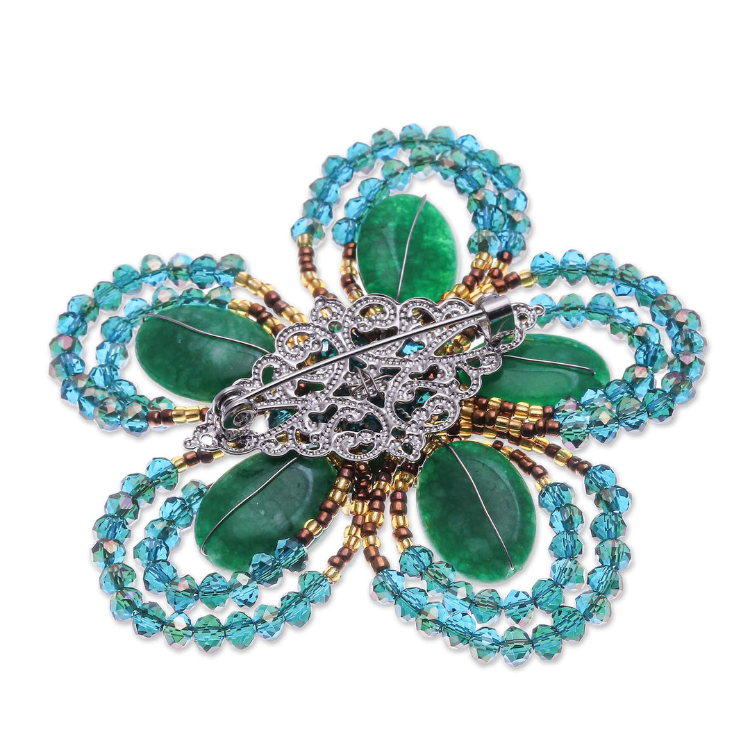 Handcrafted Floral Green Quartz and Glass Beaded Brooch Pin - Spring in Harmony