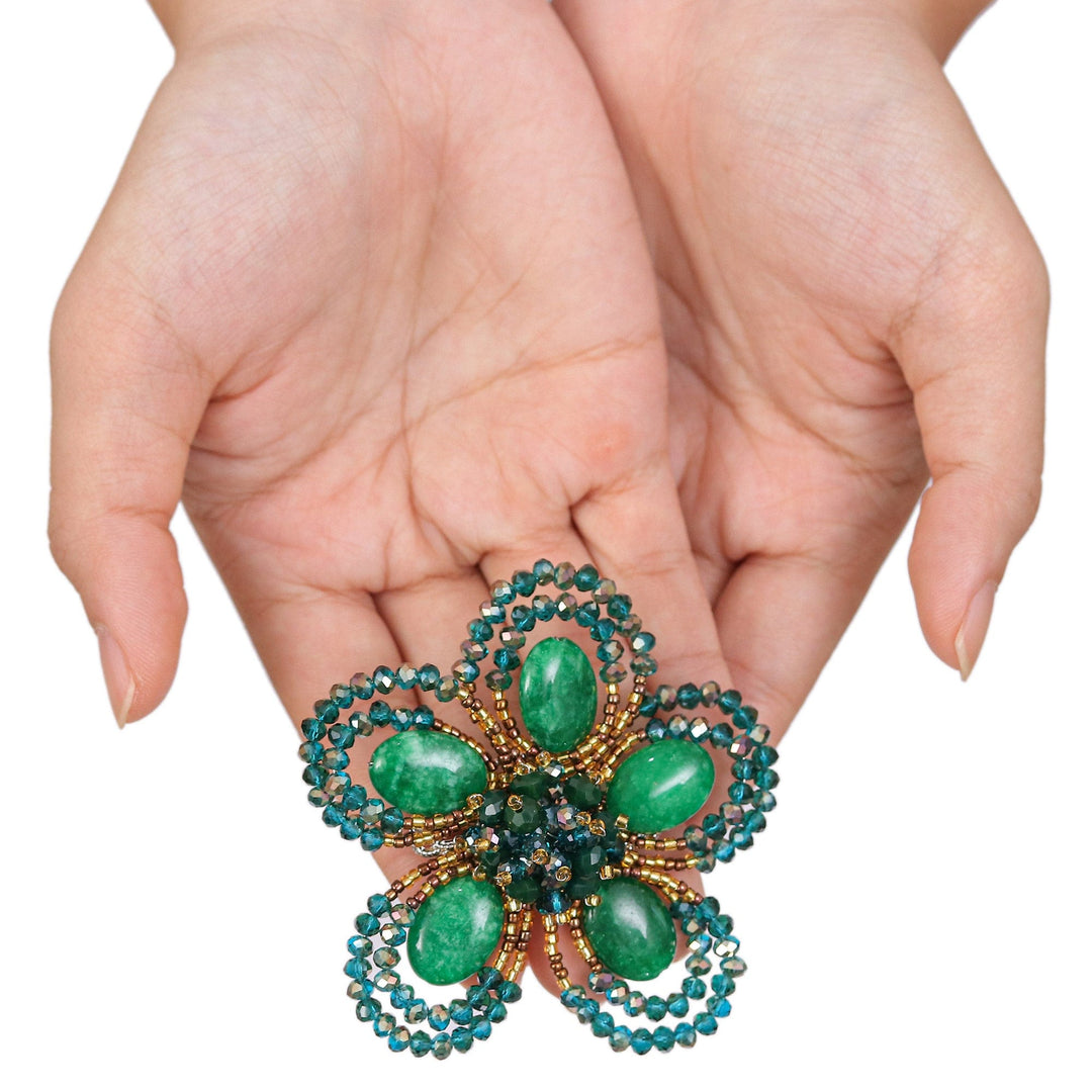 Handcrafted Floral Green Quartz and Glass Beaded Brooch Pin - Spring in Harmony