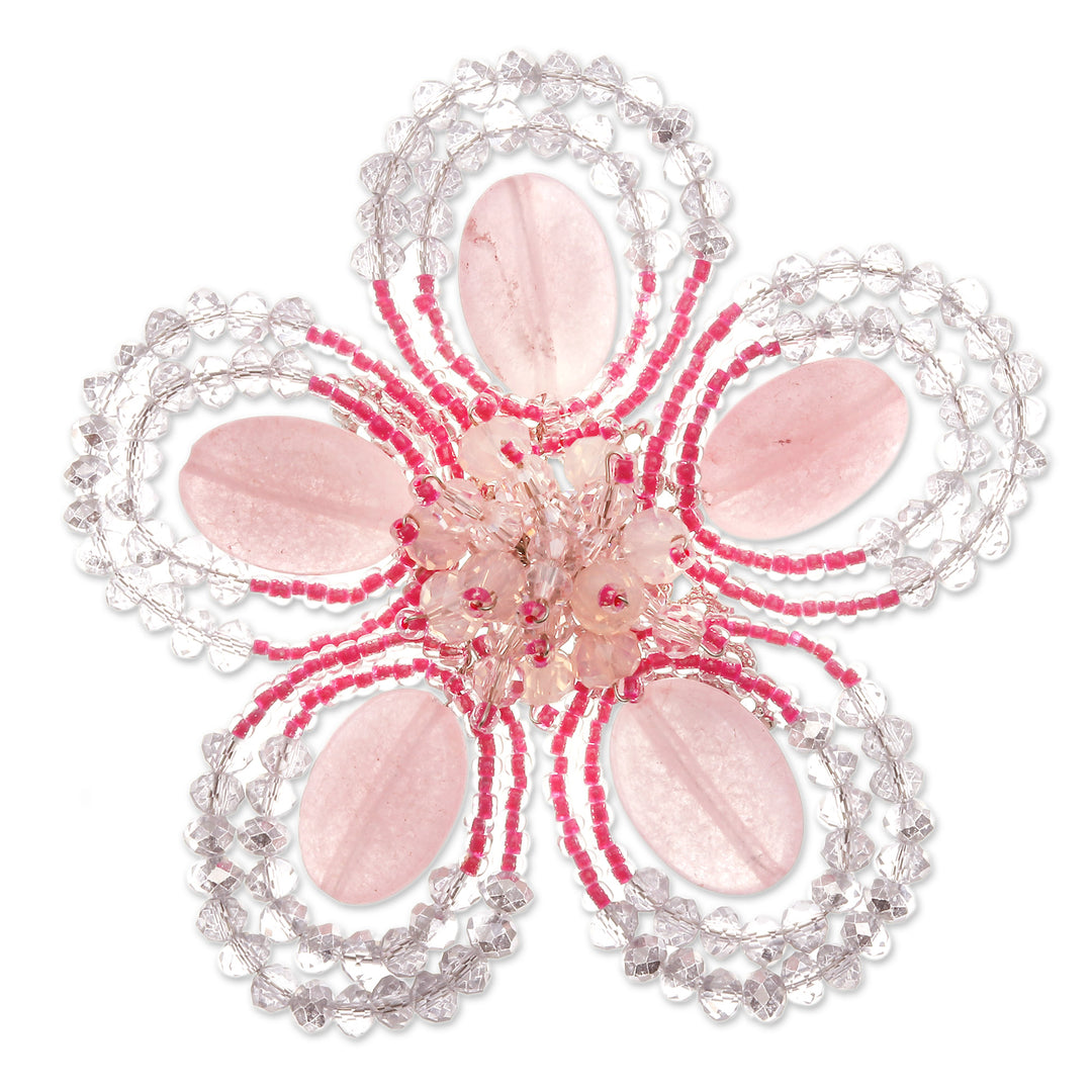 Handcrafted Floral Pink Quartz and Glass Beaded Brooch Pin - Spring in Tenderness