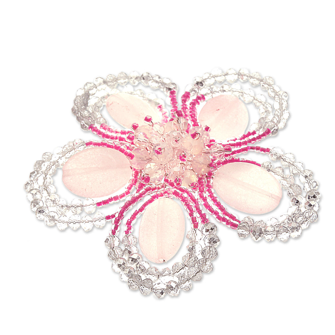 Handcrafted Floral Pink Quartz and Glass Beaded Brooch Pin - Spring in Tenderness