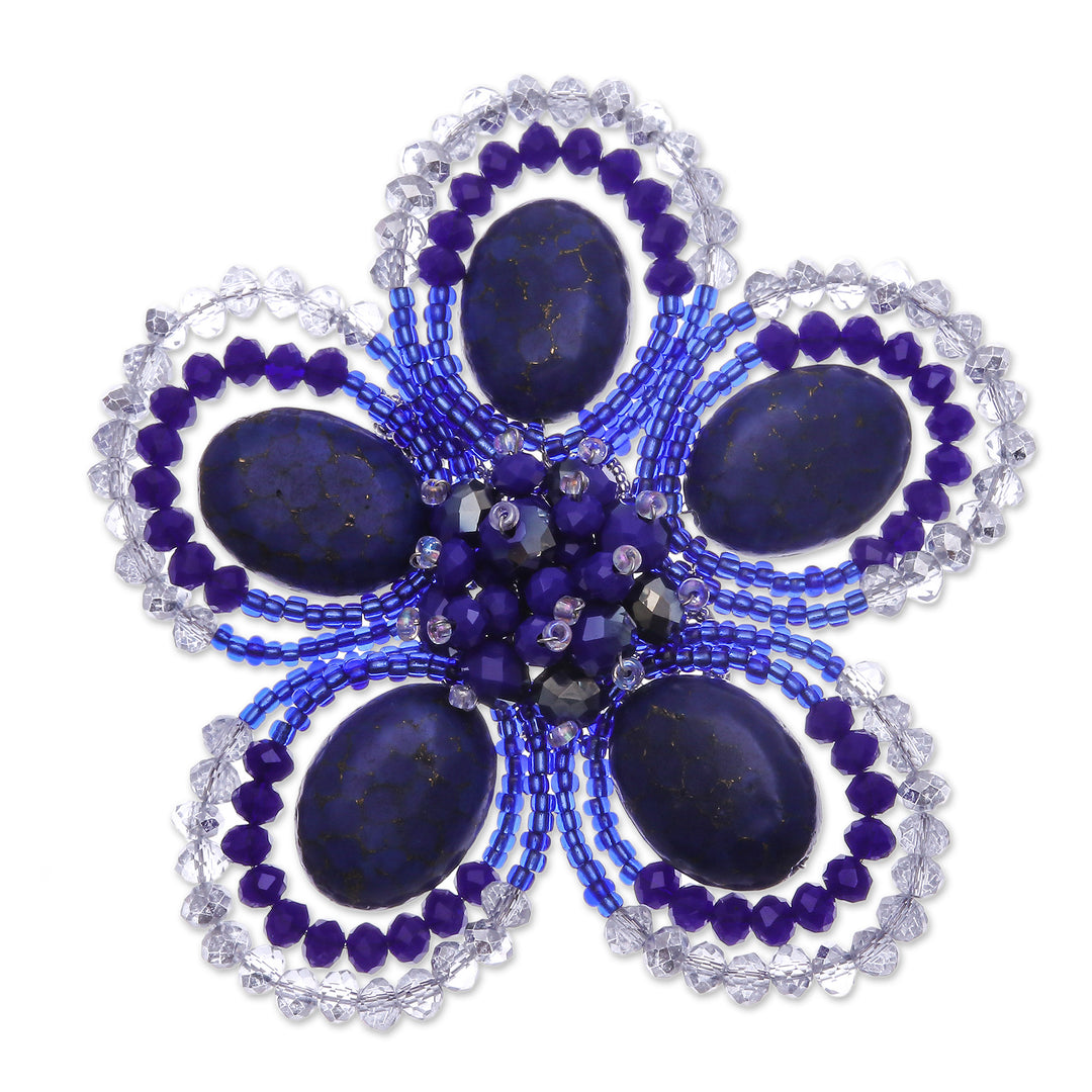Handmade Floral Dark Blue Howlite and Glass Bead Brooch Pin - Spring in Dreams