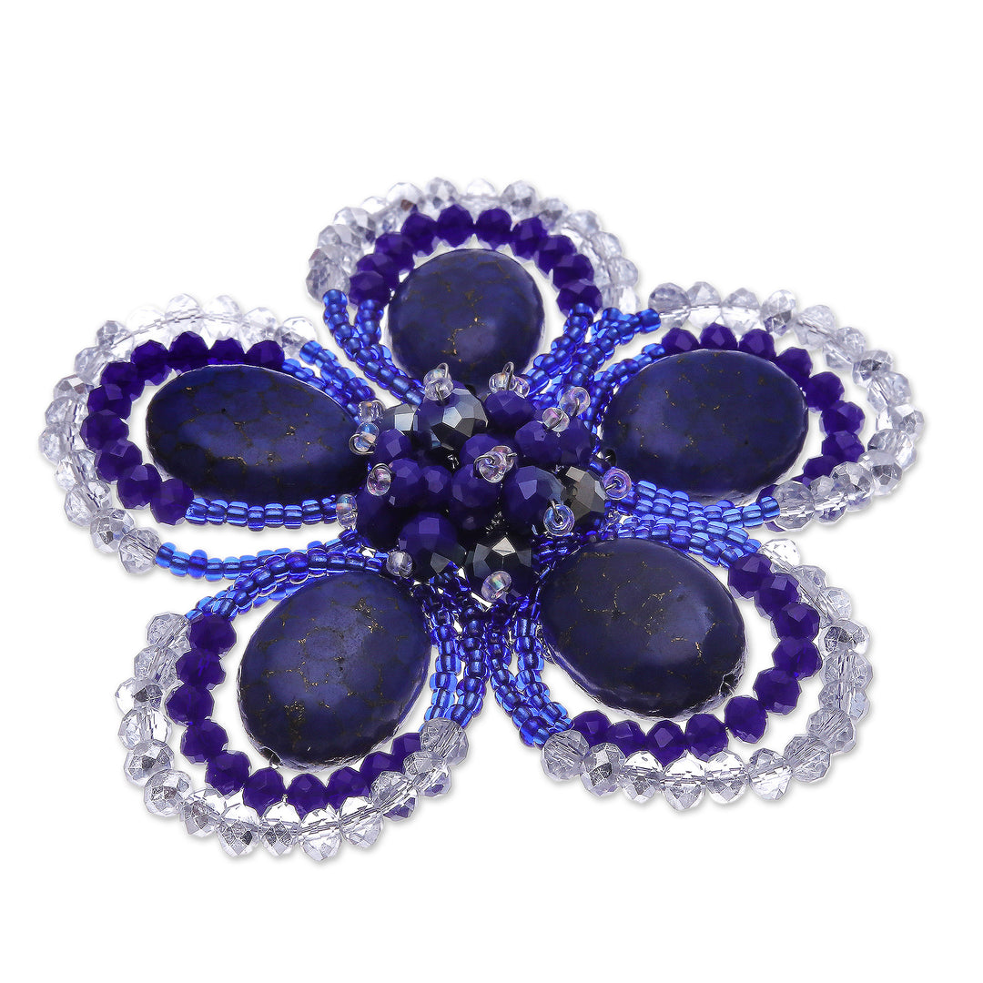 Handmade Floral Dark Blue Howlite and Glass Bead Brooch Pin - Spring in Dreams