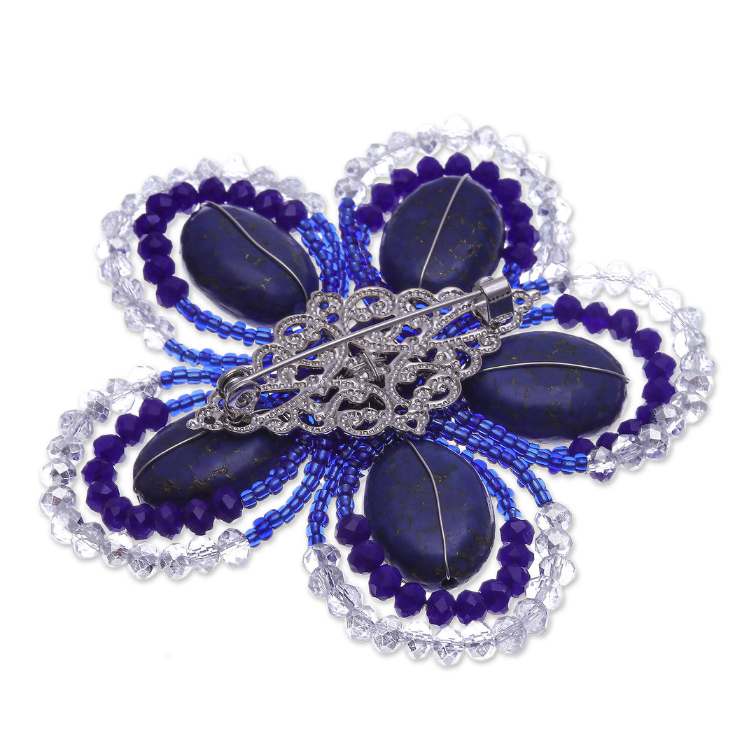 Handmade Floral Dark Blue Howlite and Glass Bead Brooch Pin - Spring in Dreams