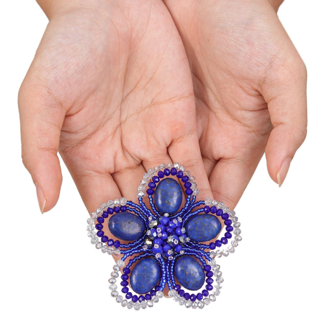 Handmade Floral Dark Blue Howlite and Glass Bead Brooch Pin - Spring in Dreams