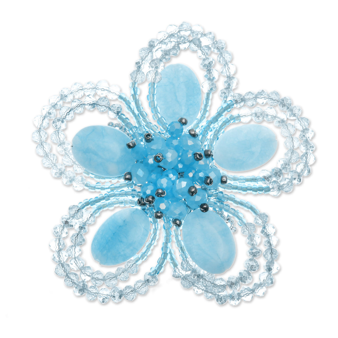 Handcrafted Floral Blue Quartz and Glass Beaded Brooch Pin - Spring in Serenity