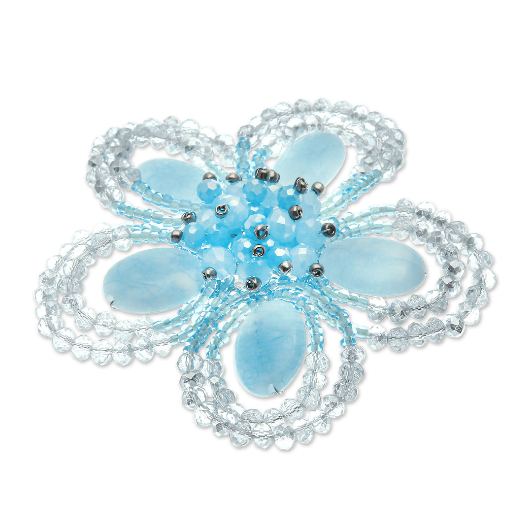 Handcrafted Floral Blue Quartz and Glass Beaded Brooch Pin - Spring in Serenity
