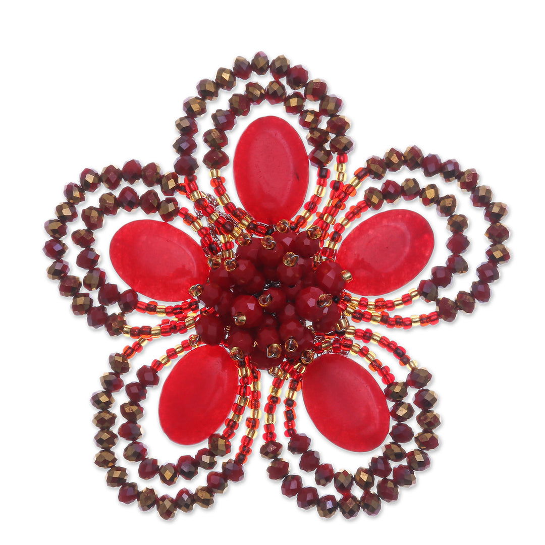 Handcrafted Floral Red Quartz and Glass Beaded Brooch Pin - Spring in Love