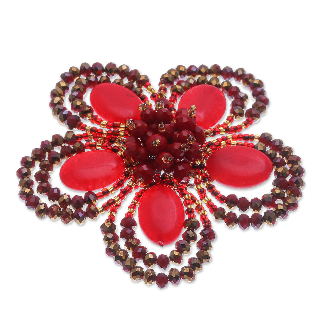 Handcrafted Floral Red Quartz and Glass Beaded Brooch Pin - Spring in Love