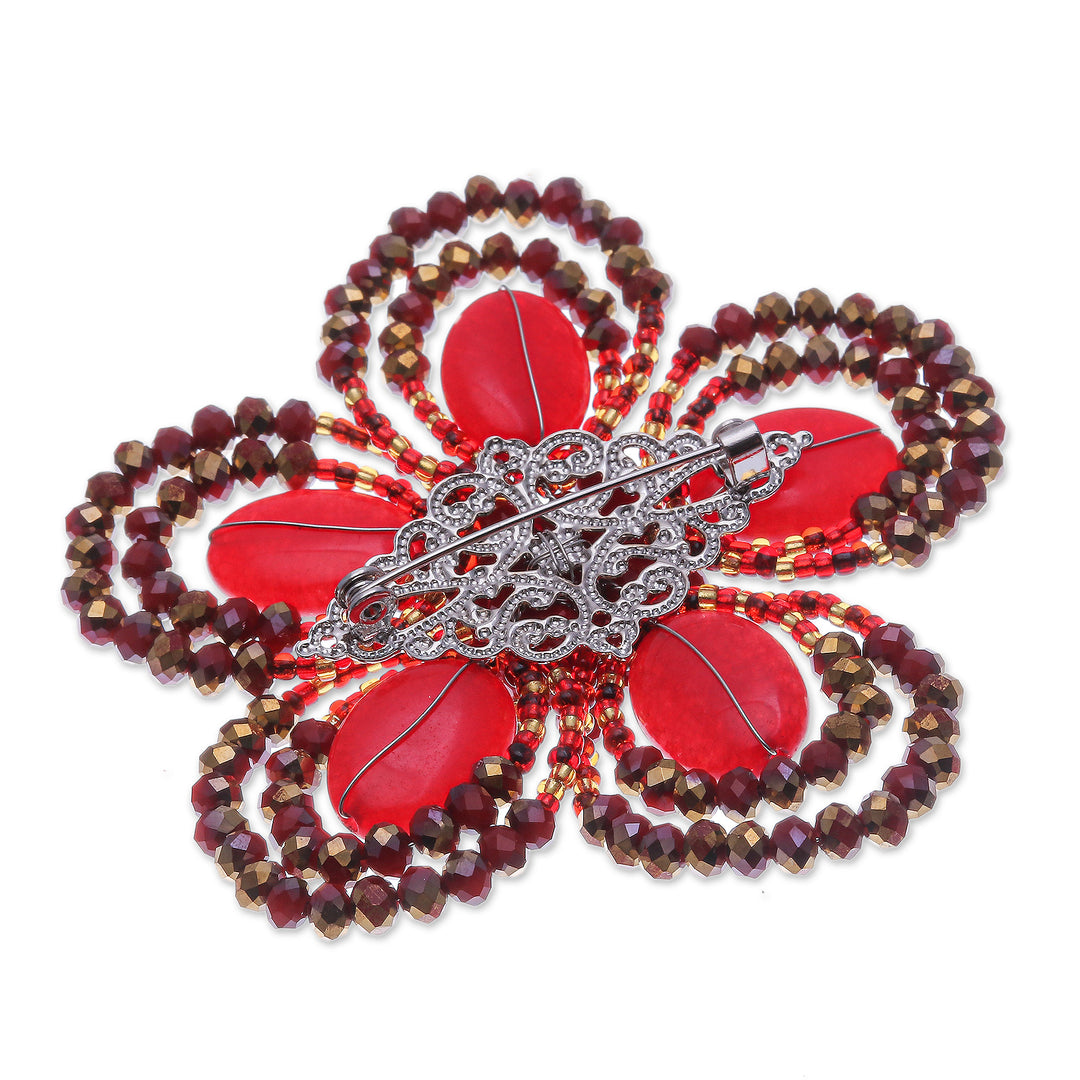 Handcrafted Floral Red Quartz and Glass Beaded Brooch Pin - Spring in Love