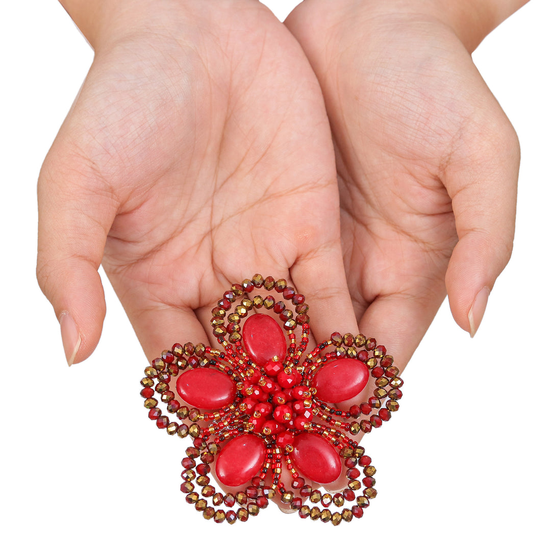 Handcrafted Floral Red Quartz and Glass Beaded Brooch Pin - Spring in Love