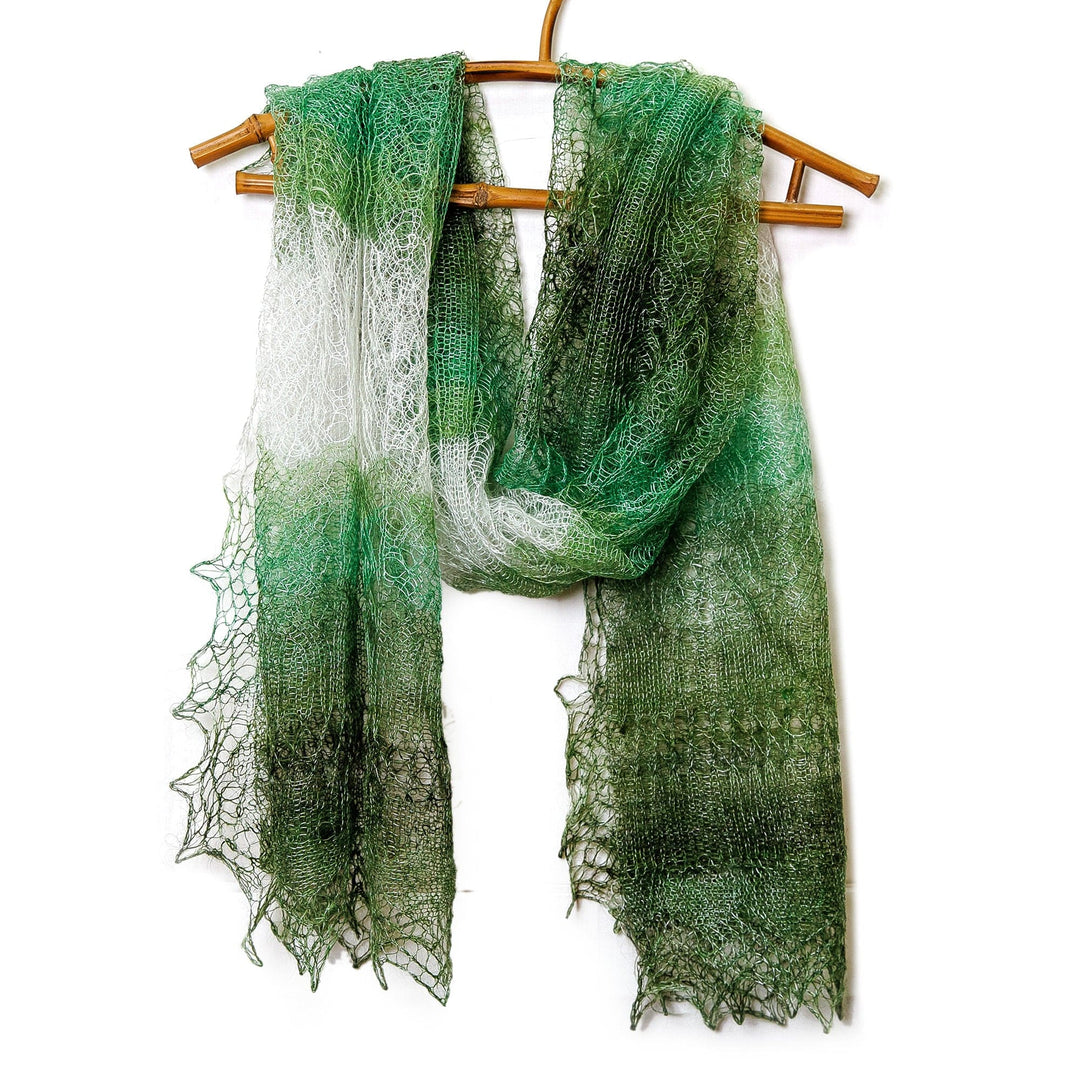 Handwoven Soft 100% Cashmere Wool Scarf in Green and White - Sylvan Act