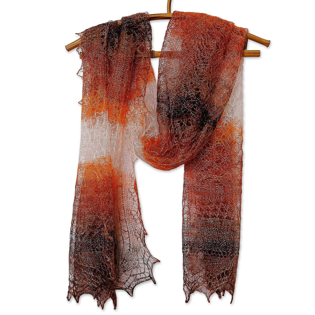 Woven Soft Cashmere Wool Scarf in Orange, Brown and White - Sunset's Act