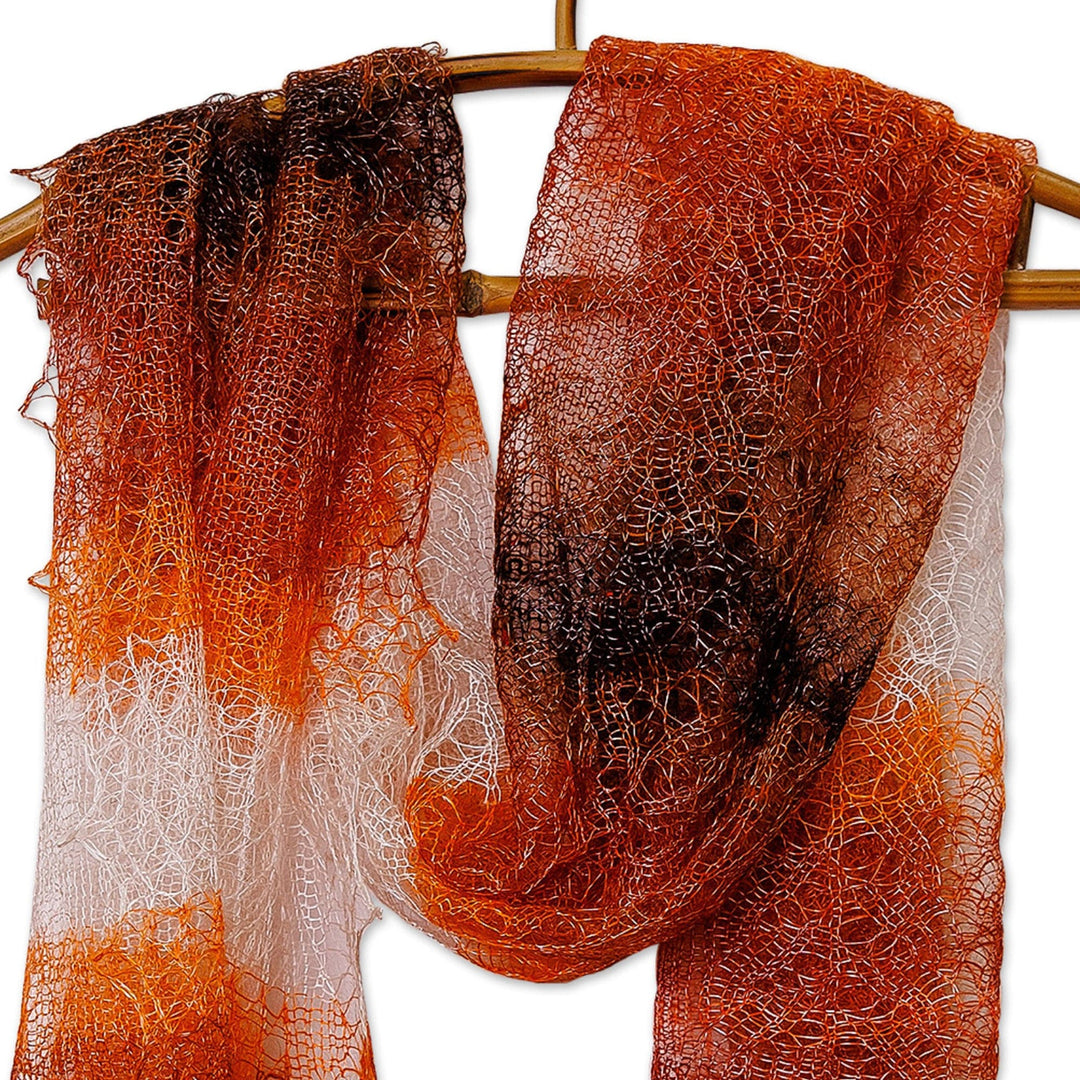 Woven Soft Cashmere Wool Scarf in Orange, Brown and White - Sunset's Act