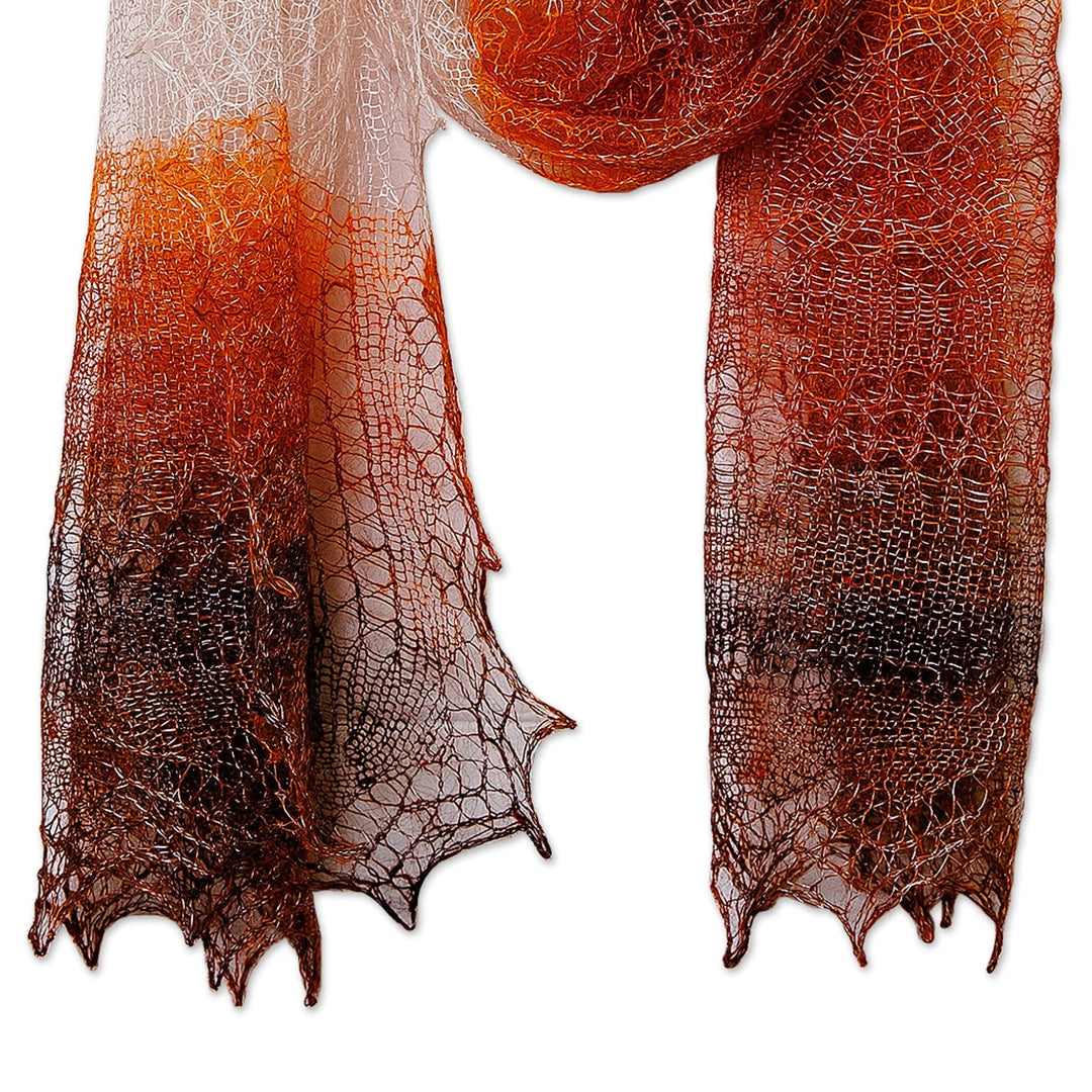Woven Soft Cashmere Wool Scarf in Orange, Brown and White - Sunset's Act