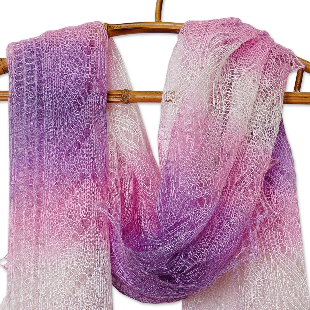 Handwoven Soft Cashmere Wool Scarf in Pink, Purple and White - Sweetness Act