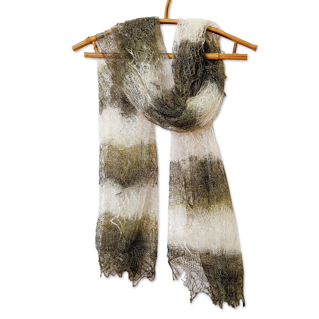 Handwoven Striped Cashmere Wool Scarf in Green and Ivory - Forest Whispers