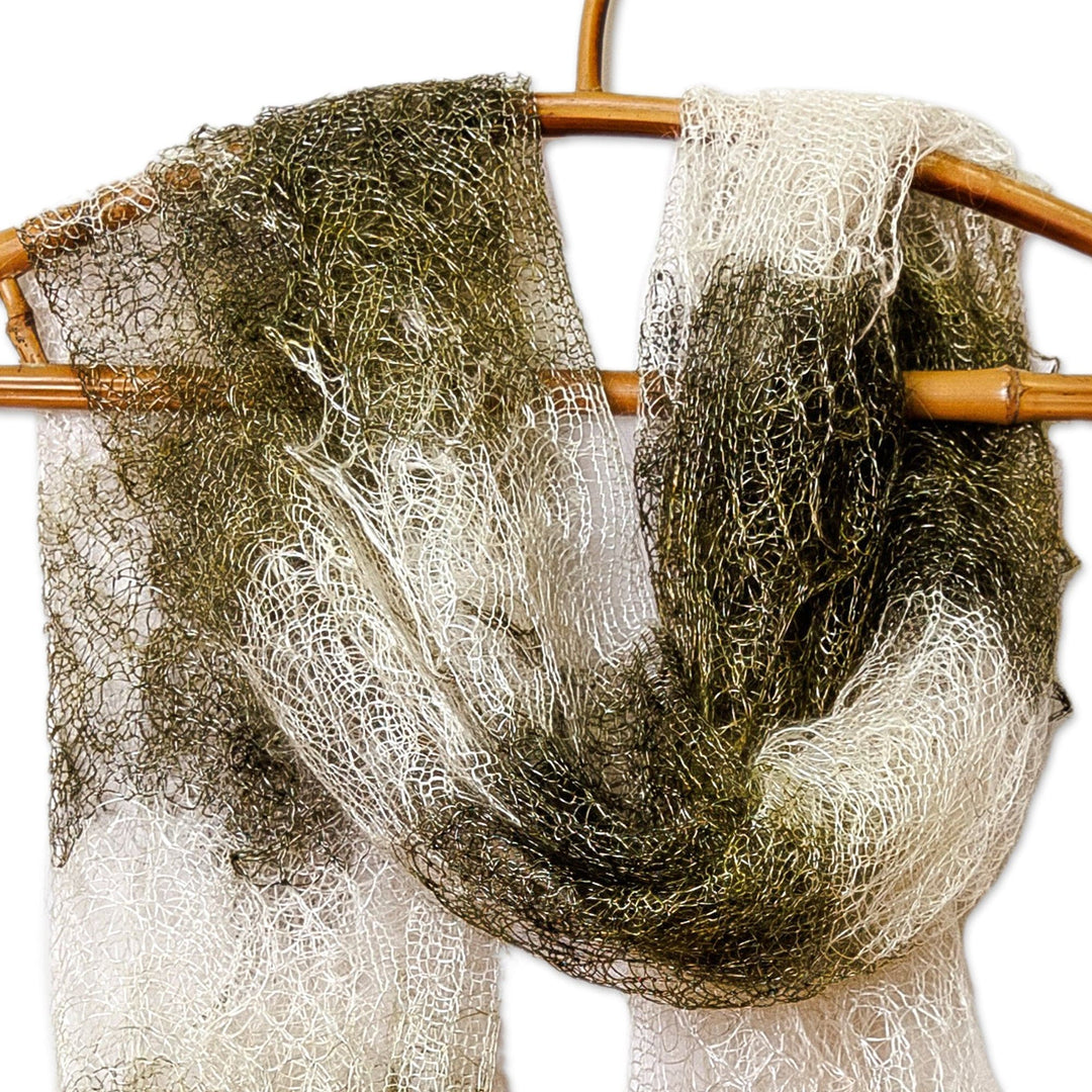 Handwoven Striped Cashmere Wool Scarf in Green and Ivory - Forest Whispers