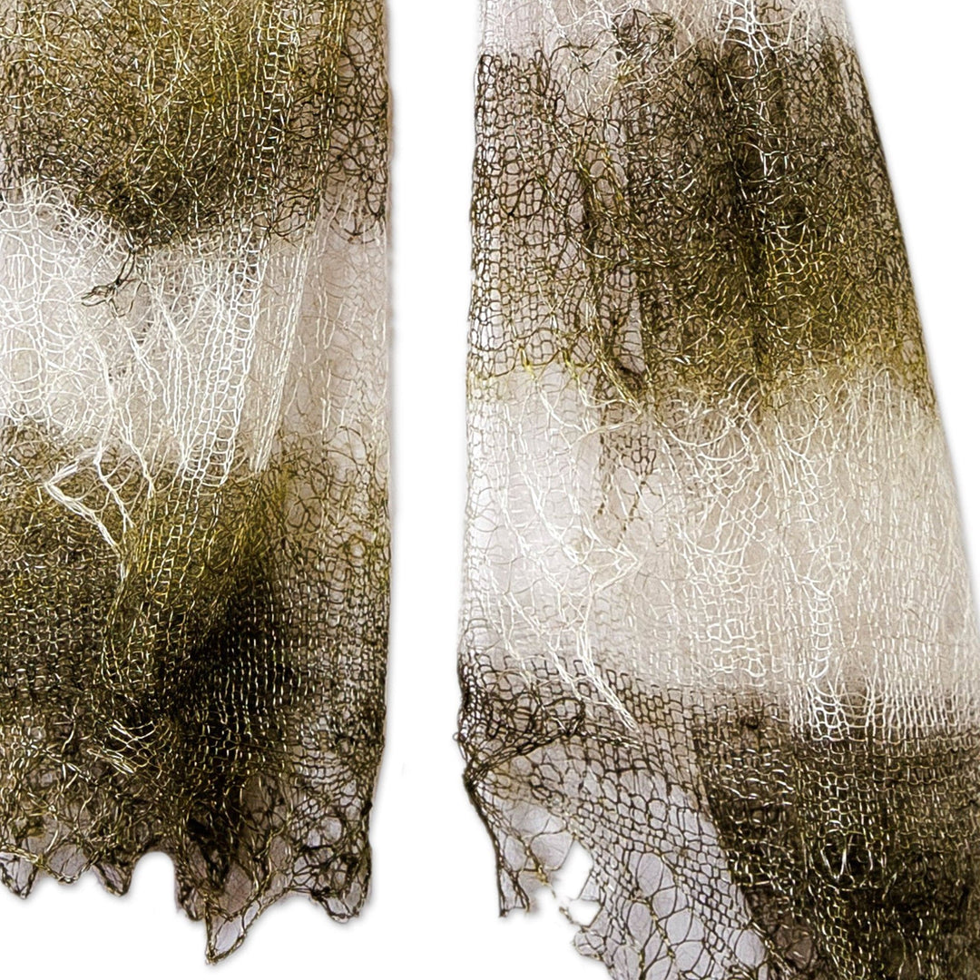 Handwoven Striped Cashmere Wool Scarf in Green and Ivory - Forest Whispers