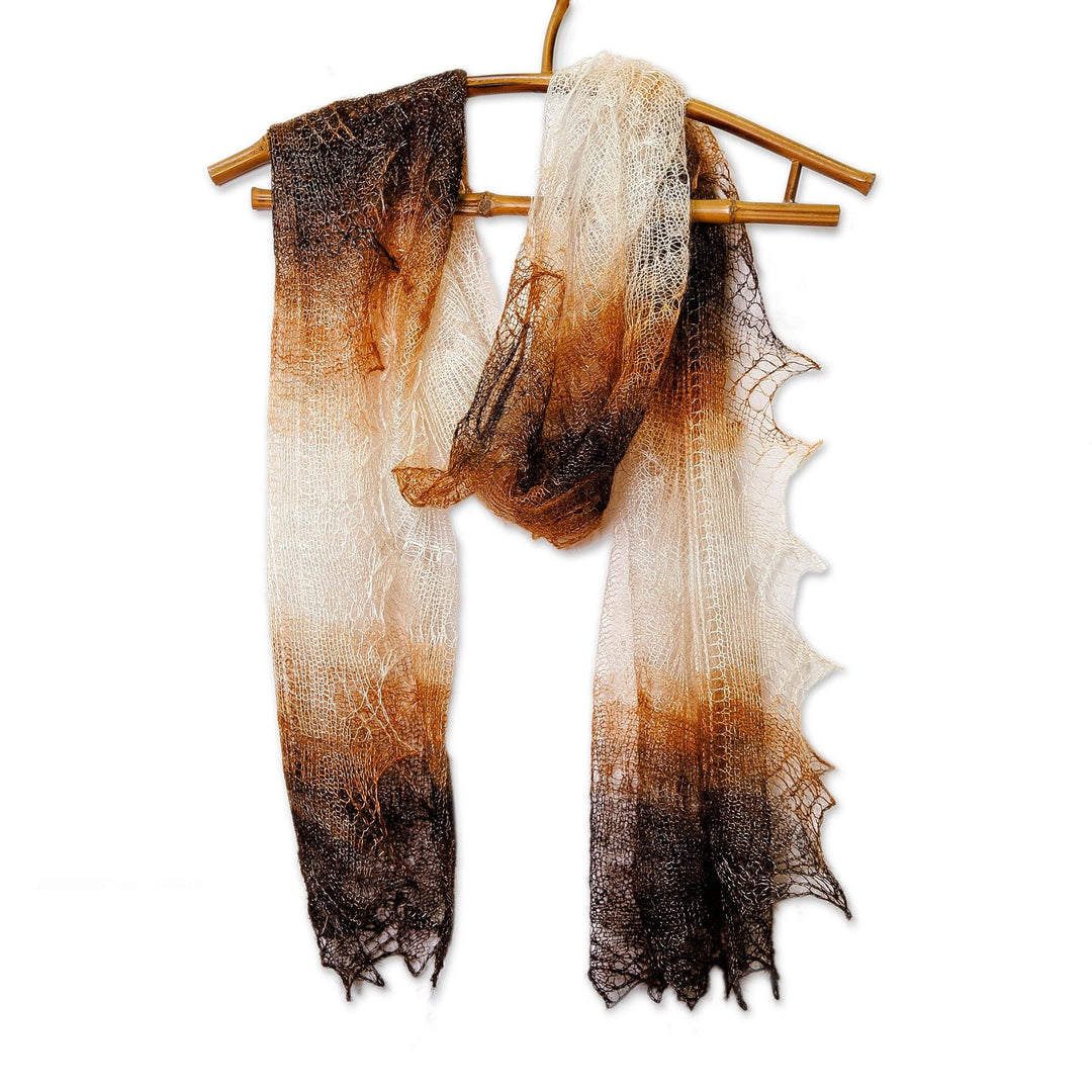 Handwoven Striped Cashmere Wool Scarf in Brown and White - Sunset Whispers