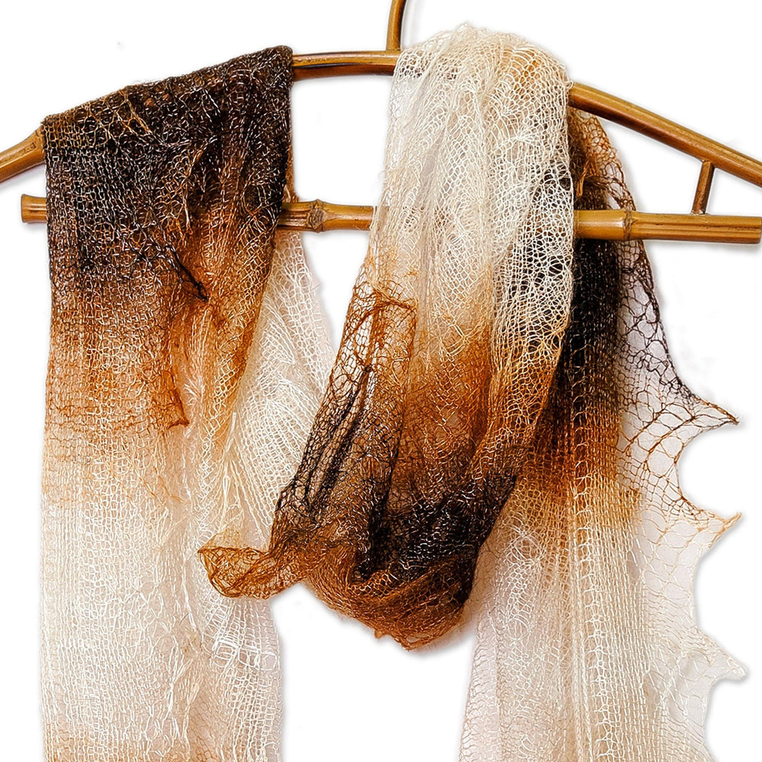 Handwoven Striped Cashmere Wool Scarf in Brown and White - Sunset Whispers