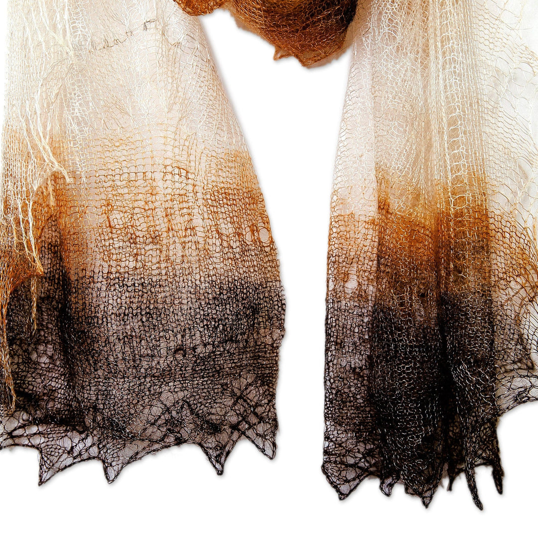 Handwoven Striped Cashmere Wool Scarf in Brown and White - Sunset Whispers